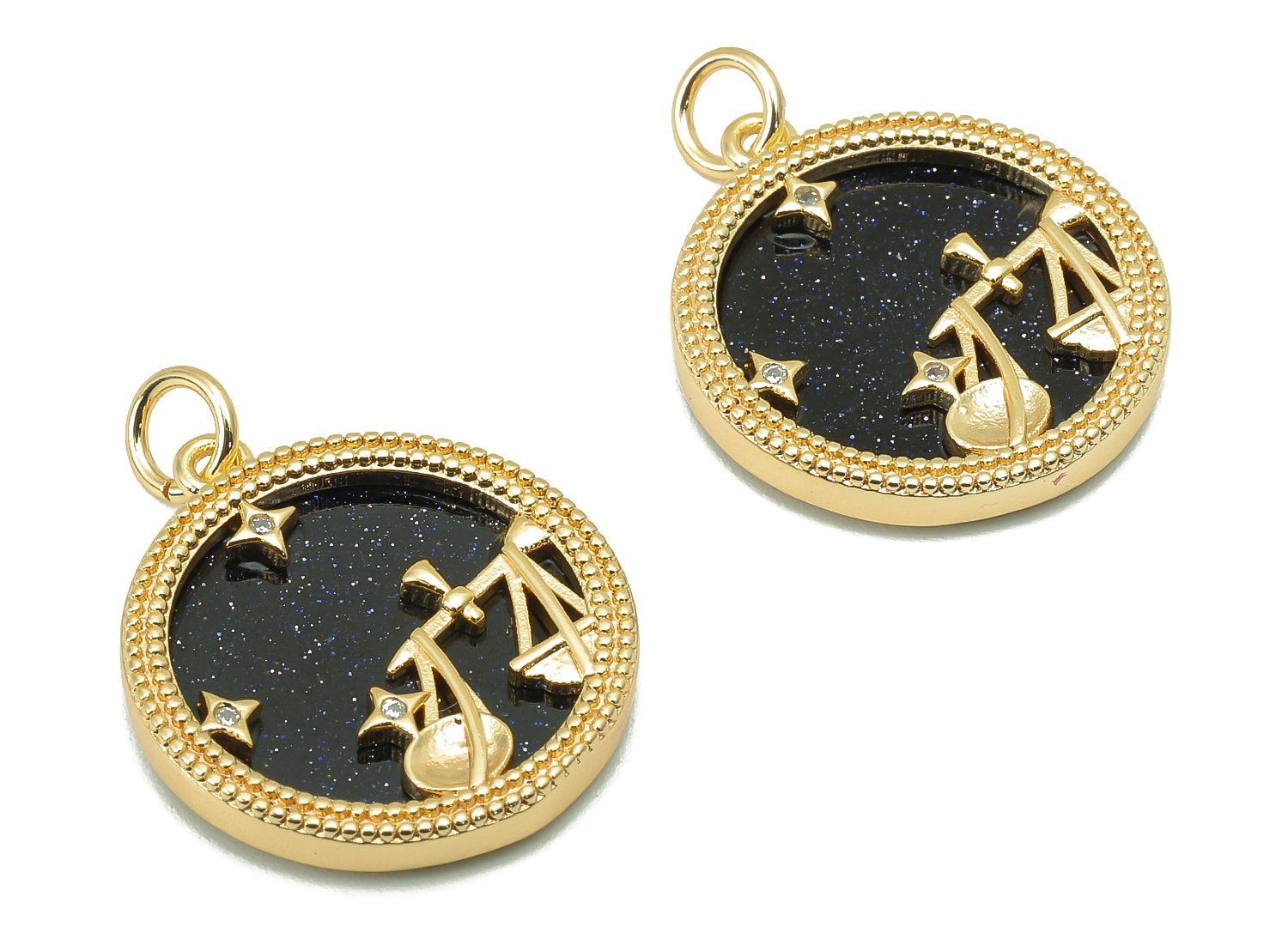 Brass Horoscope Zircon Round Libra Charm - Blue Sandstone Zodiac Pendant With Loop - 18K Real Gold Plating - 23.5x18.4x3.1mm - RGP5816H - DOMEDBAZAAR