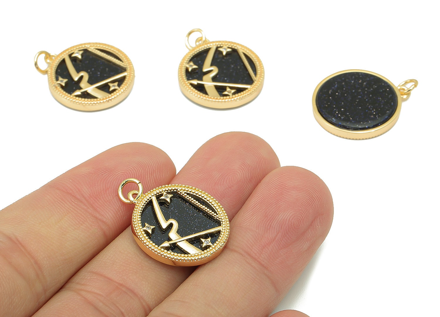 Brass Horoscope Zircon Round Sagittairus Charm - Blue Sandstone Zodiac Pendant With Loop - 18K Real Gold Plating - 23.5x18.4x3.1mm -RGP5816K - DOMEDBAZAAR
