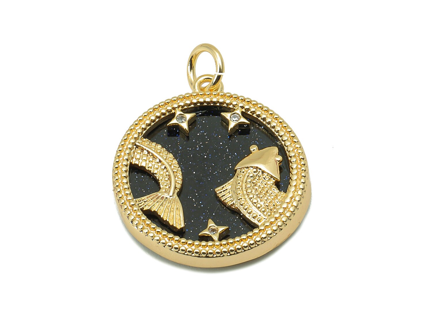 Brass Horoscope Zircon Round Pisces Charm - Blue Sandstone Zodiac Pendant With Loop - 18K Real Gold Plating - 23.5x18.4x3.1mm - RGP5816L - DOMEDBAZAAR
