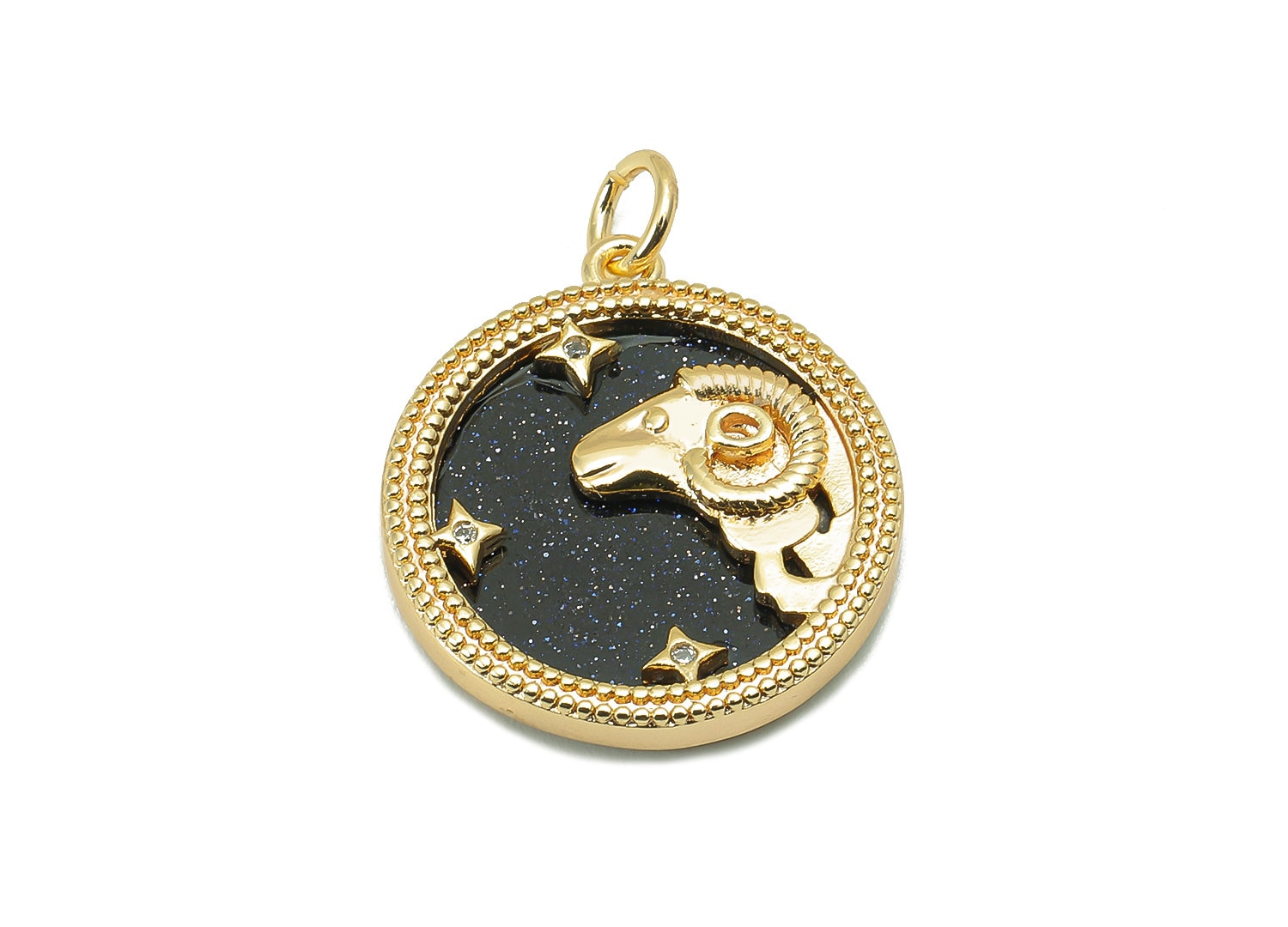 Brass Horoscope Zircon Round Aries Charm - Blue Sandstone Zodiac Pendant With Loop - 18K Real Gold Plating - 23.5x18.4x3.1mm - RGP5816M - DOMEDBAZAAR