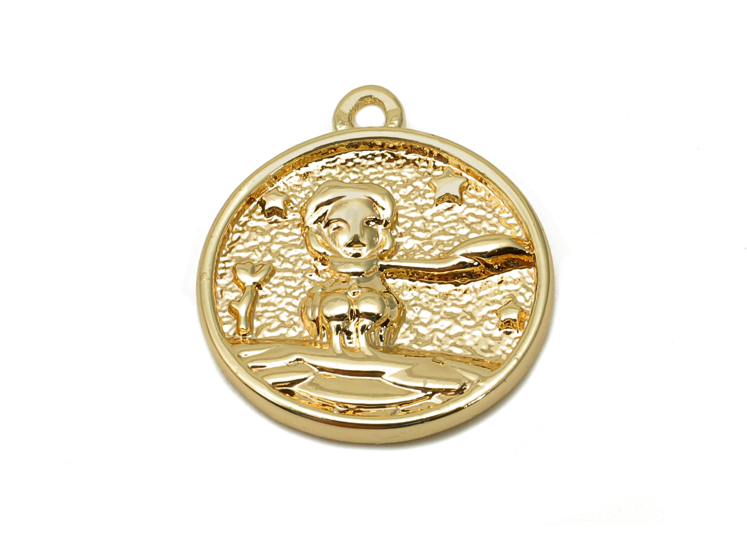 Brass Relief Portrait Round Earring - Gold Circle Necklace Style Charm - Pendant With Loop - 18K Real Gold Plating - 16.4x14.3x2mm - RGP5627 - DOMEDBAZAAR