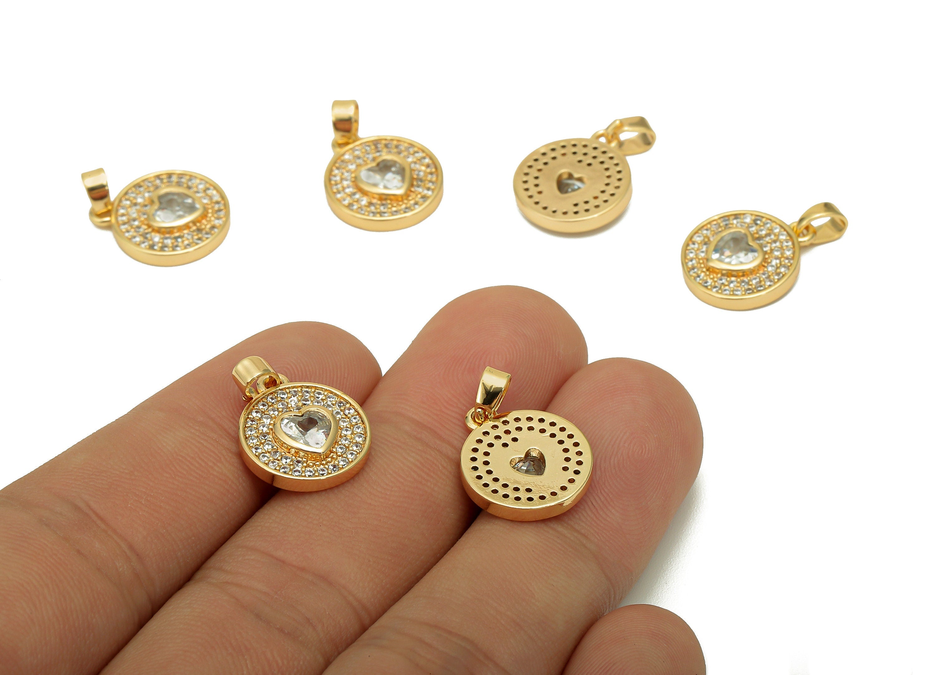 Brass Round Zircon Heart Pendant - Zircon Dots Circle Earring - Spot Necklace Charm With Loop - 18K Real Gold Plating - 18.5x13x3mm -RGP5639 - DOMEDBAZAAR
