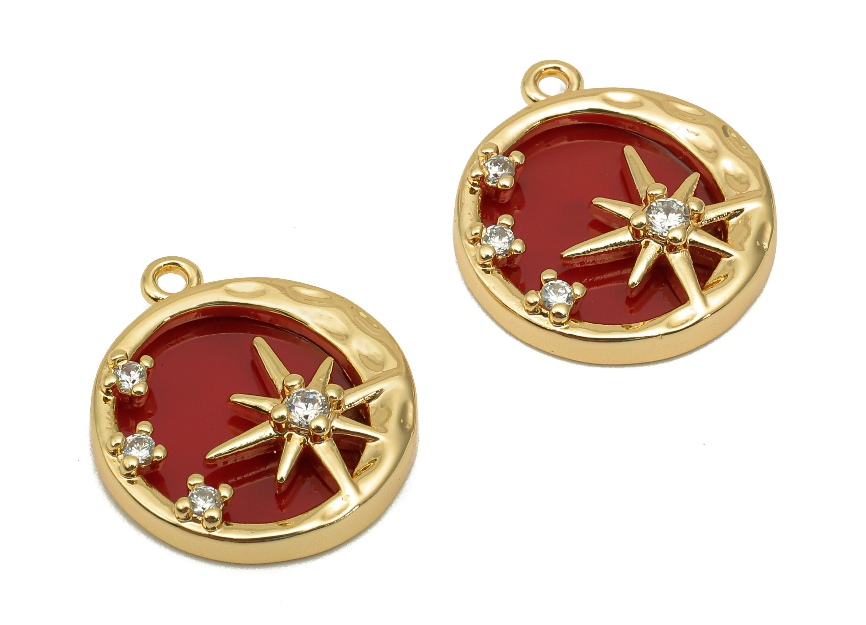 Brass Red Round Crescent Charm - Enamel Circle Zircon Star Earring - Pendant With Loop - 18K Real Gold Plating - 19.1x16.6x3.9mm-RGP5645 - DOMEDBAZAAR