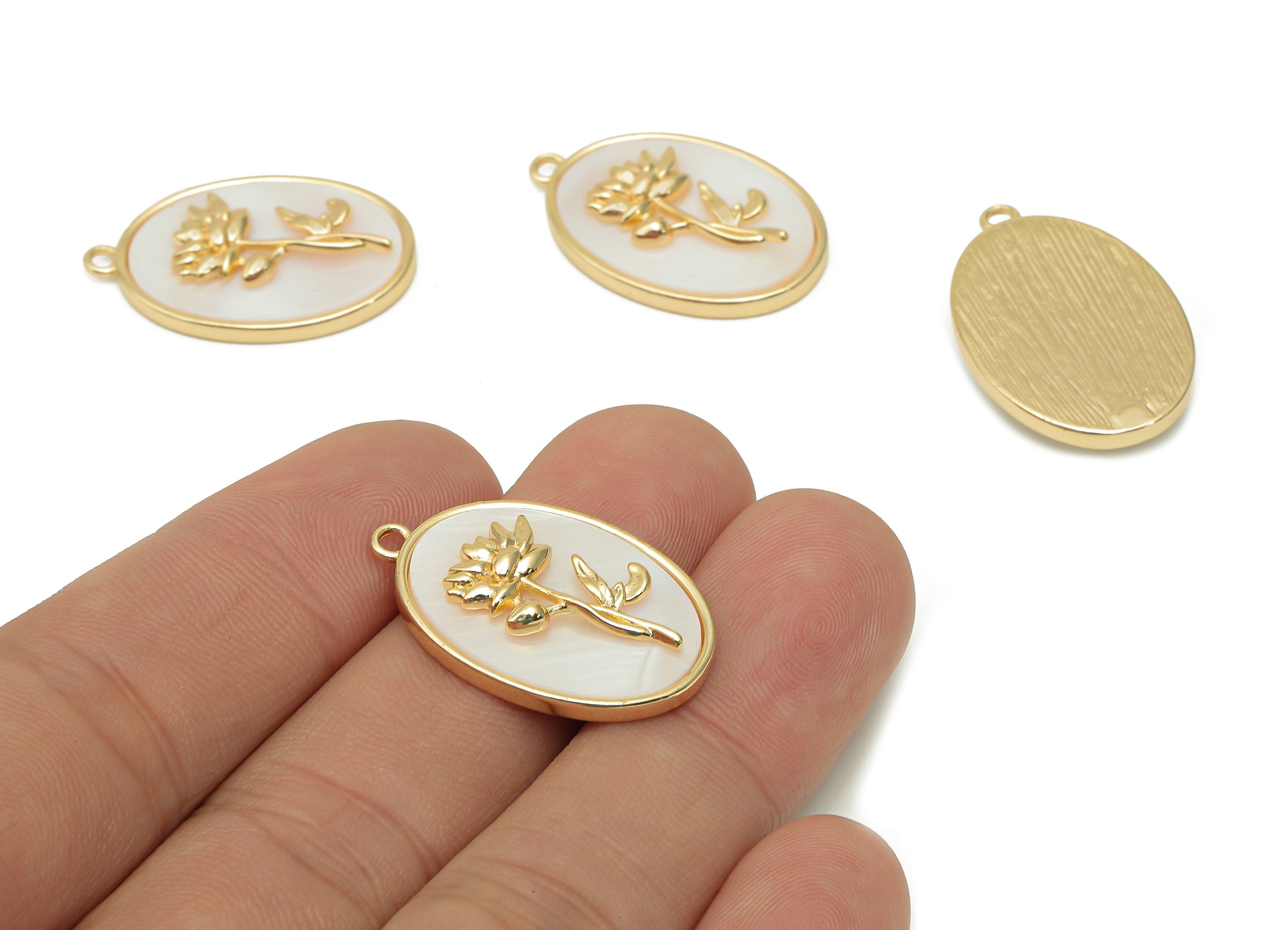 Brass Flower Shell Oval Earring - Pearl Drop Lotus Pendant - Water Lily Charm With Loop - 18K Real Gold Plating - 27.1x17.8x4.3mm - RGP5647A - DOMEDBAZAAR