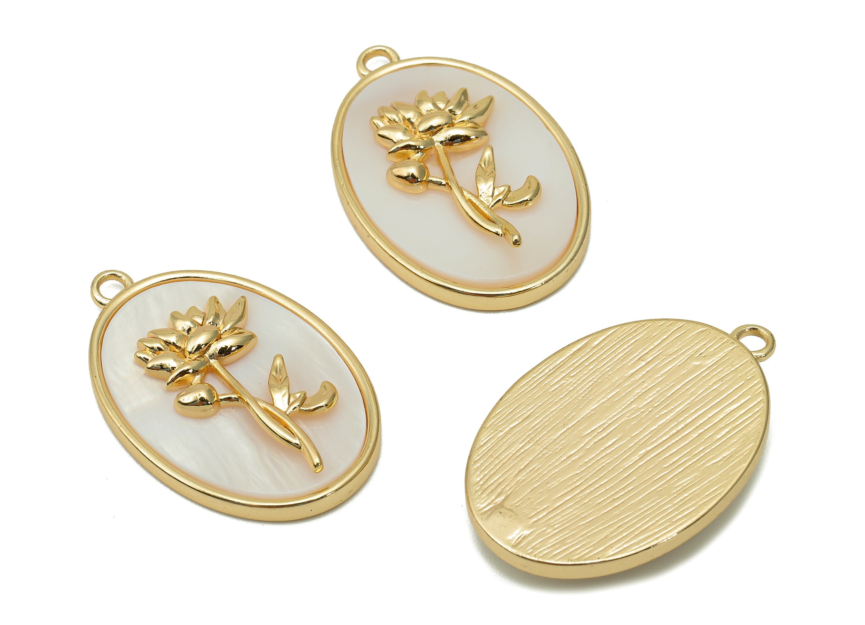 Brass Flower Shell Oval Earring - Pearl Drop Lotus Pendant - Water Lily Charm With Loop - 18K Real Gold Plating - 27.1x17.8x4.3mm - RGP5647A - DOMEDBAZAAR
