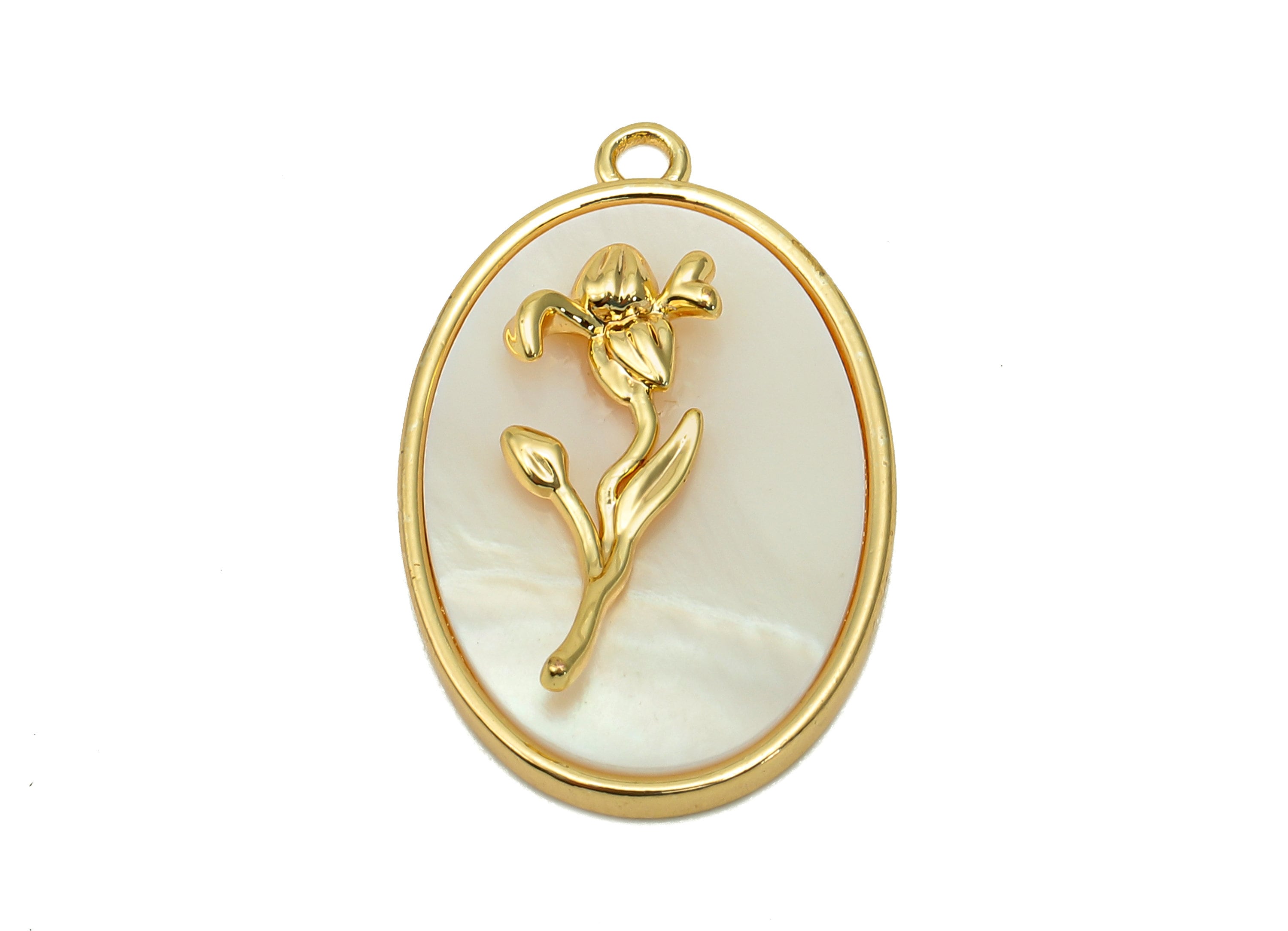 Brass Flower Shell Oval Earring - Pearl Drop Iris Pendant - Necklace Charm With Loop - 18K Real Gold Plating - 27.1x17.8x4.3mm - RGP5647B - DOMEDBAZAAR