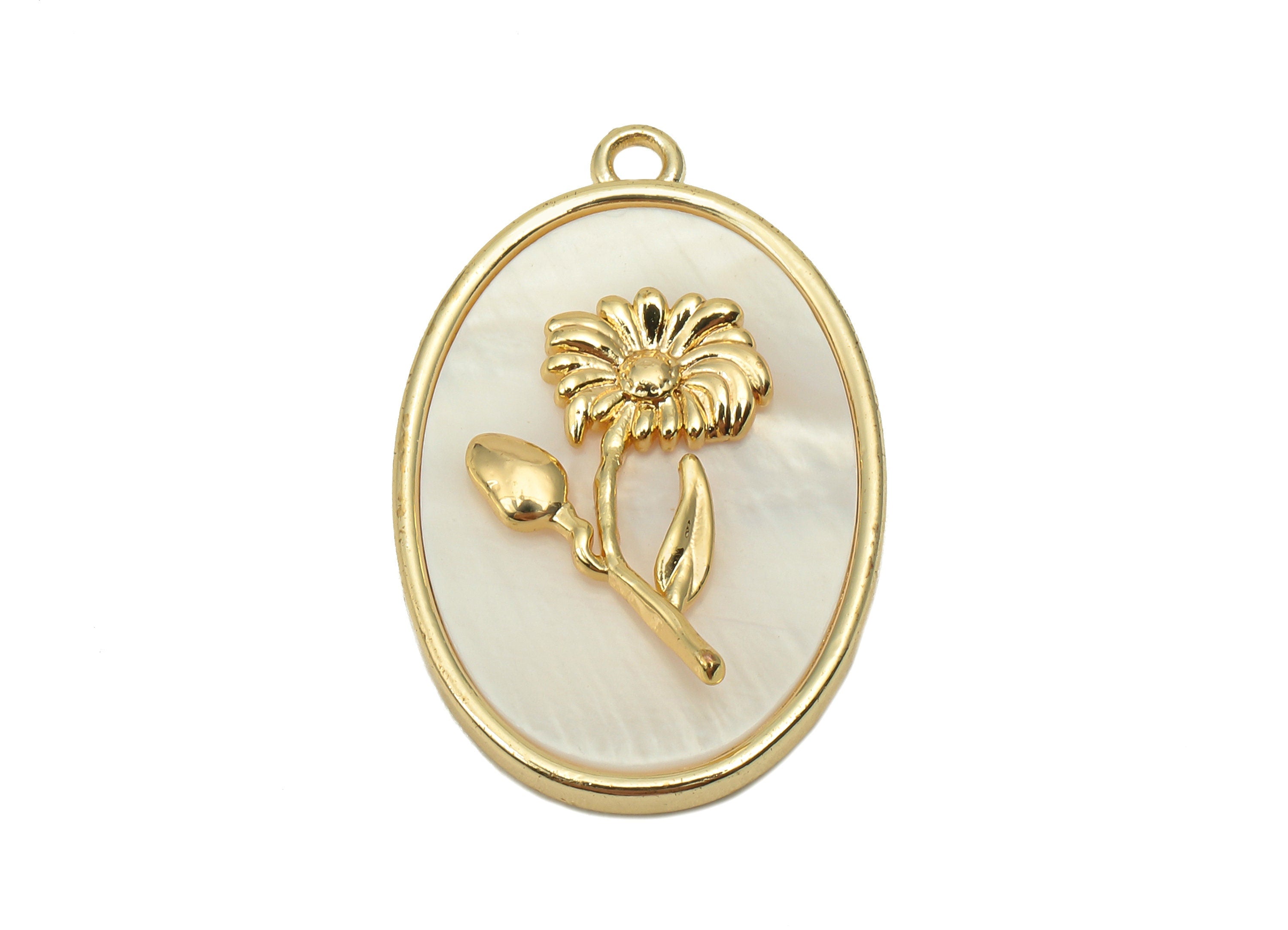 Brass Flower Shell Oval Earring - Pearl Drop Aster Pendant - Necklace Charm With Loop - 18K Real Gold Plating - 27.1x17.8x4.3mm - RGP5647D - DOMEDBAZAAR