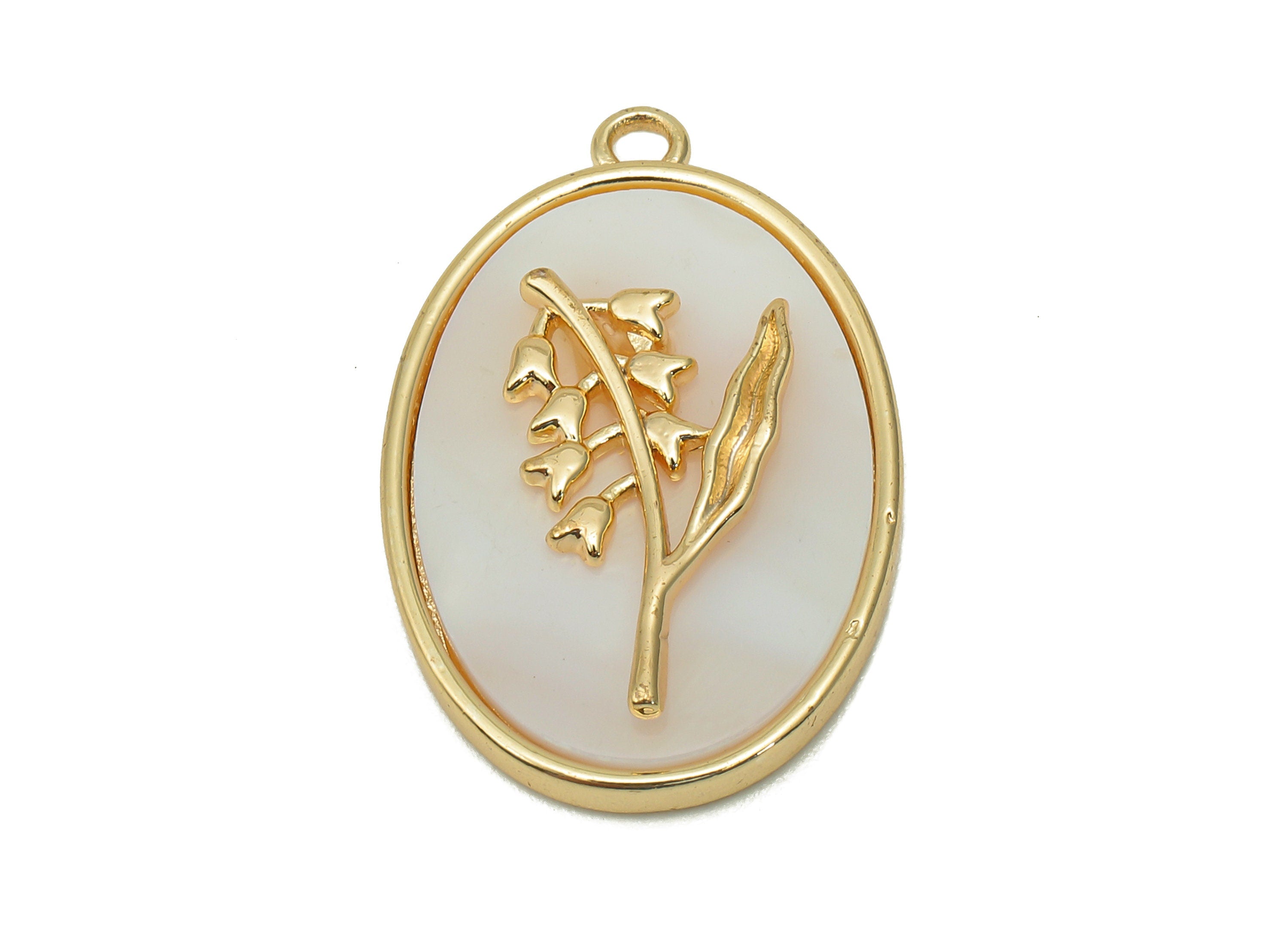 Brass Flower Shell Oval Earring - Pearl Drop Lily Pendant - Necklace Charm With Loop - 18K Real Gold Plating - 27.1x17.8x4.3mm - RGP5647E - DOMEDBAZAAR