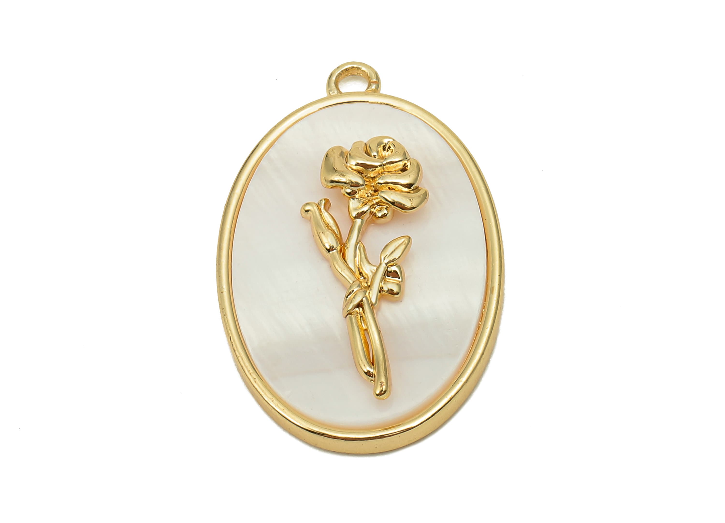 Brass Flower Shell Oval Earring - Pearl Drop Rose Pendant - Necklace Charm With Loop - 18K Real Gold Plating - 27.1x17.8x4.3mm - RGP5647G - DOMEDBAZAAR