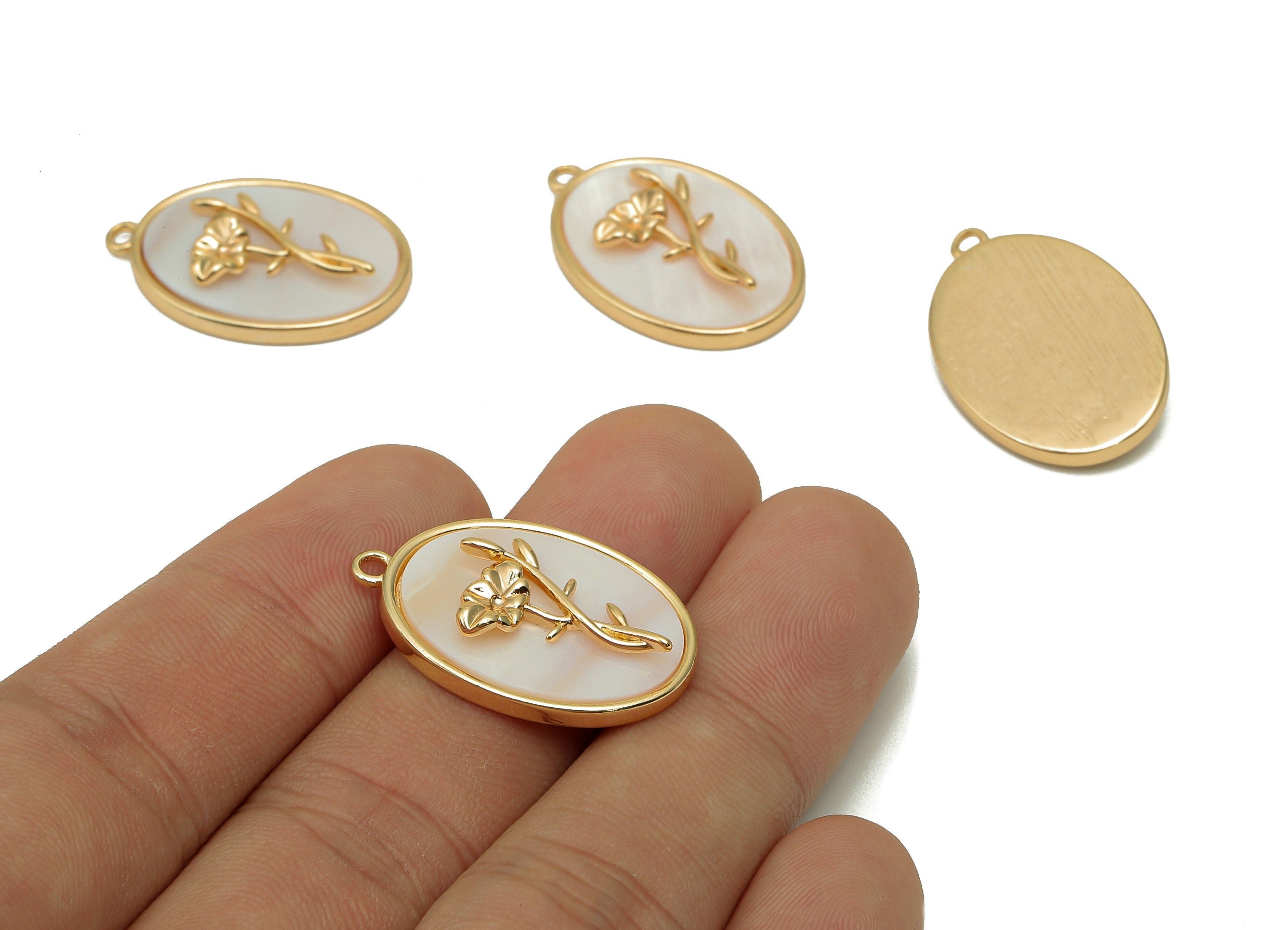 Brass Flower Shell Oval Earring - Pearl Drop Poppy Pendant - Necklace Charm With Loop - 18K Real Gold Plating - 27.1x17.8x4.3mm - RGP5647J - DOMEDBAZAAR