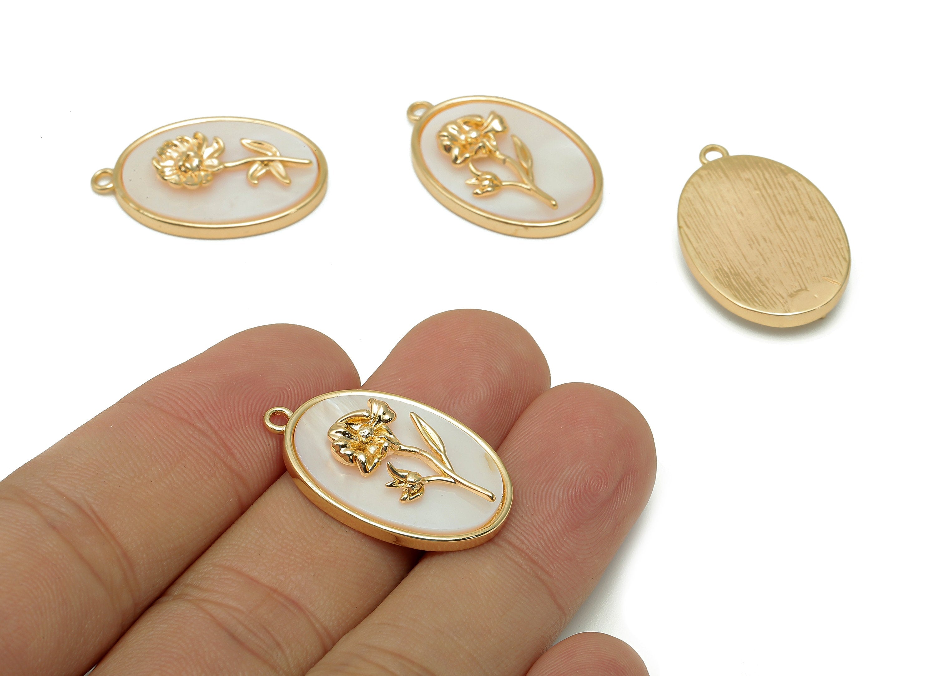 Brass Flower Shell Oval Earring - Pearl Drop Marigold Pendant - Necklace Charm With Loop - 18K Real Gold Plating - 27.1x17.8x4.3mm -RGP5647K - DOMEDBAZAAR