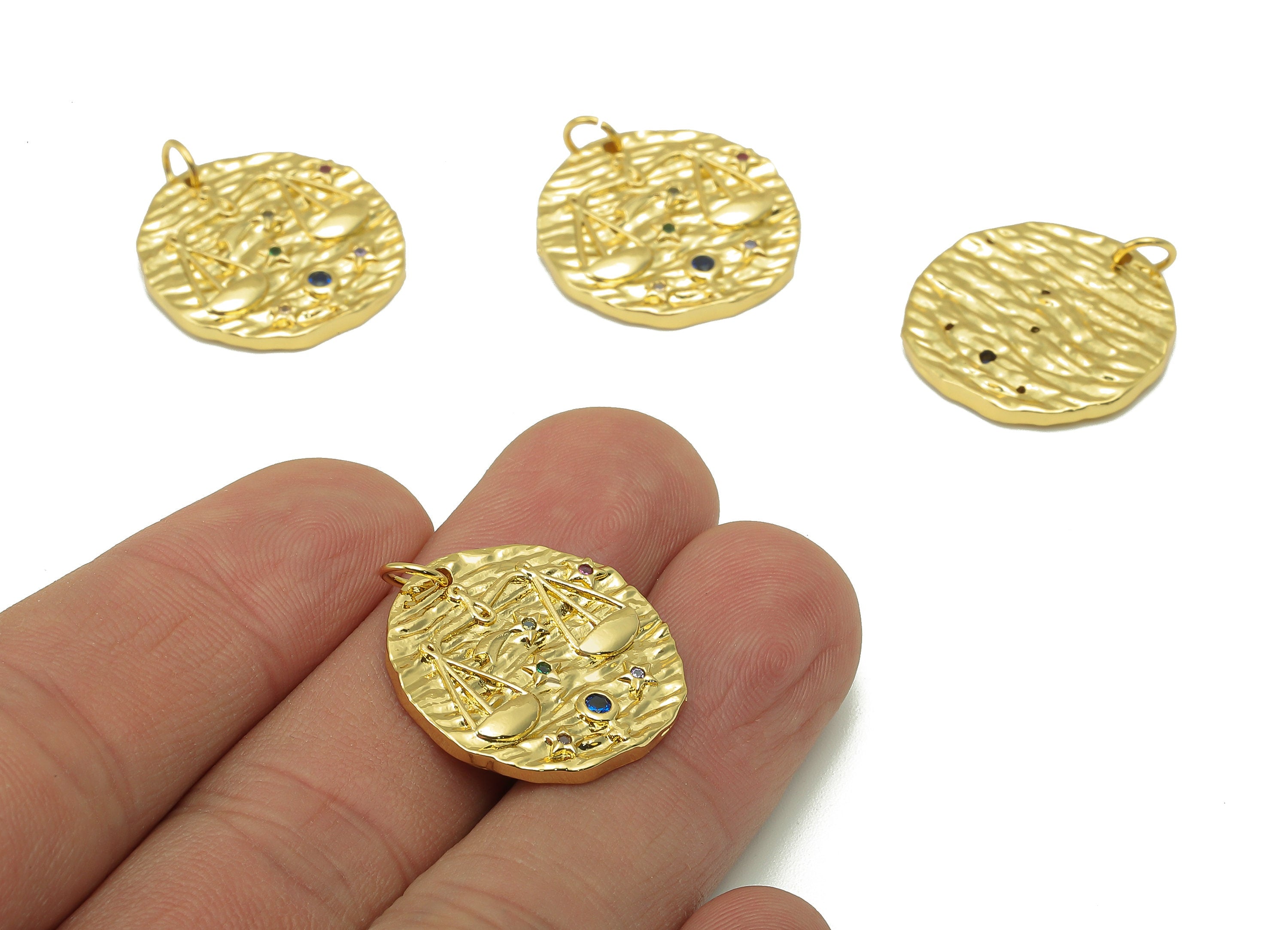 Brass Horoscope Round Charm - CZ Libra Earring Charm - Zodiac Necklace Pendant With Loop - 18K Real Gold Plating - 24.1x21x2mm - RGP5815A - DOMEDBAZAAR