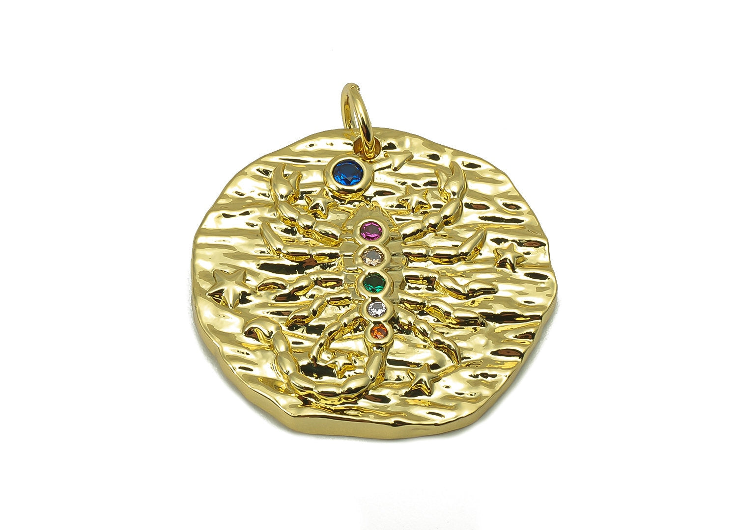Brass Horoscope Round Charm - CZ Scorpio Earring Charm - Zodiac Necklace Pendant With Loop - 18K Real Gold Plating - 24.1x21x2mm - RGP5815F - DOMEDBAZAAR