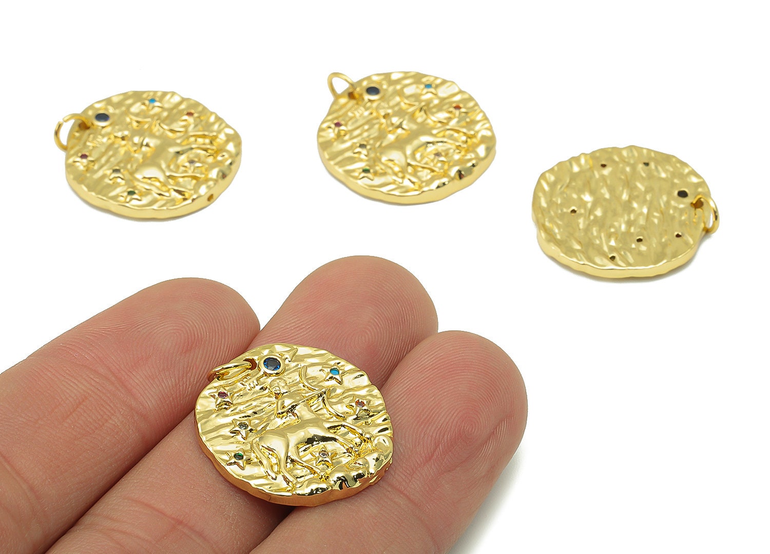 Brass Horoscope Round Charm - CZ Sagittarius Earring Charm - Zodiac Necklace Pendant With Loop - 18K Real Gold Plating -24.1x21x2mm-RGP5815H - DOMEDBAZAAR