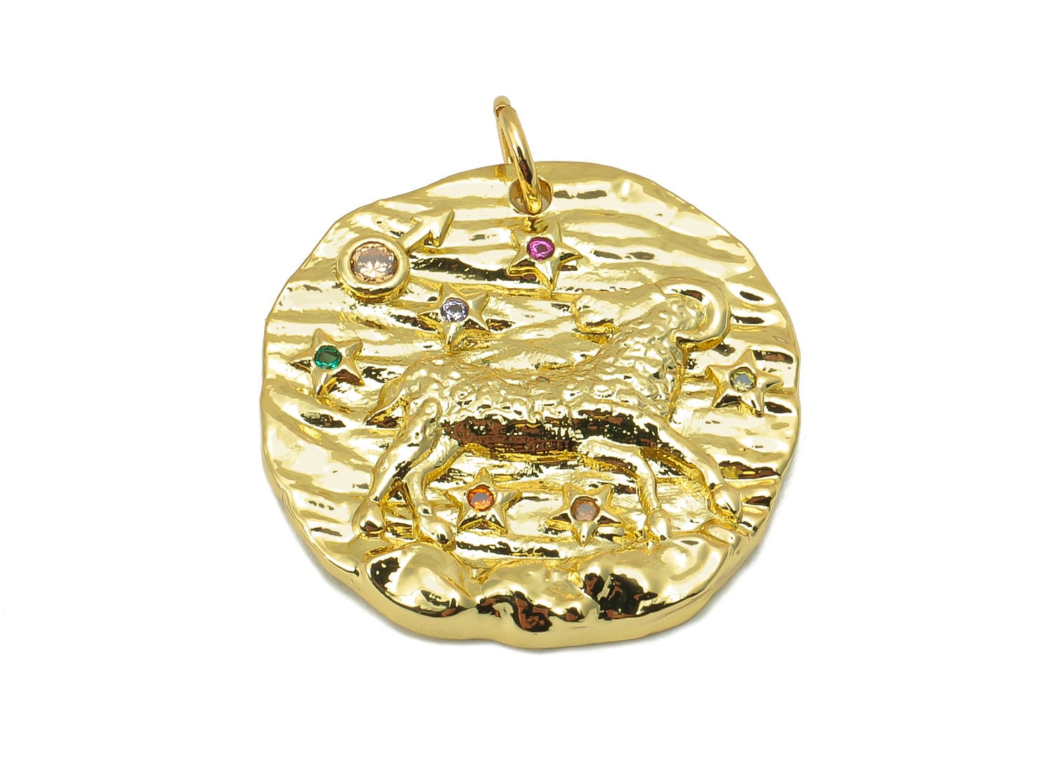 Brass Horoscope Round Charm - CZ Aries Earring Charm - Zodiac Necklace Pendant With Loop - 18K Real Gold Plating - 24.1x21x2mm - RGP5815M - DOMEDBAZAAR