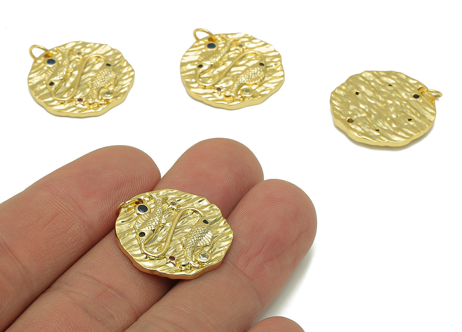 Brass Horoscope Round Charm - CZ Pisces Earring Charm - Zodiac Necklace Pendant With Loop - 18K Real Gold Plating - 24.1x21x2mm - RGP5815L - DOMEDBAZAAR