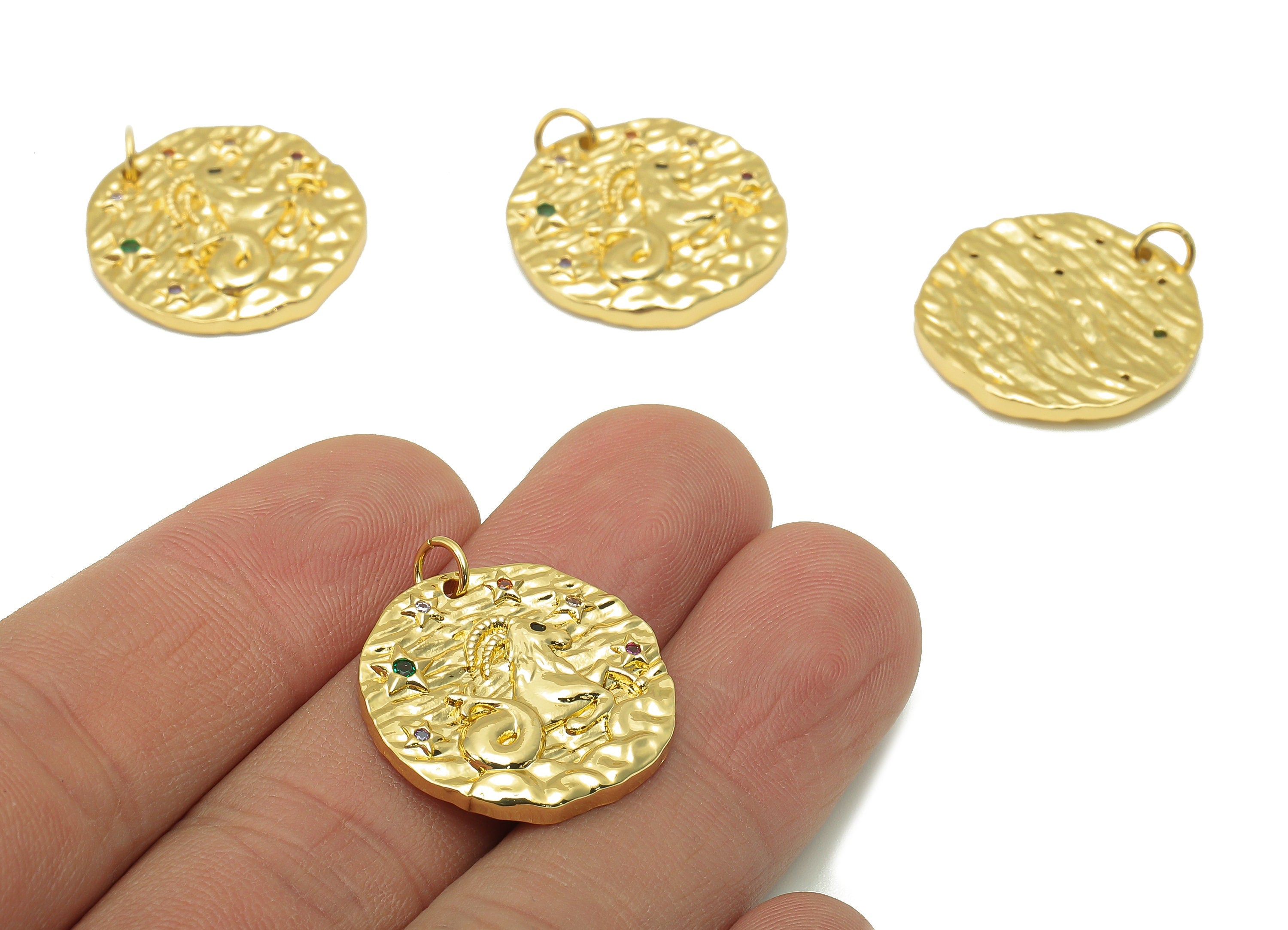 Brass Horoscope Round Charm - CZ Capricorn Earring Charm - Zodiac Necklace Pendant With Loop - 18K Real Gold Plating - 24.1x21x2mm -RGP5815C - DOMEDBAZAAR
