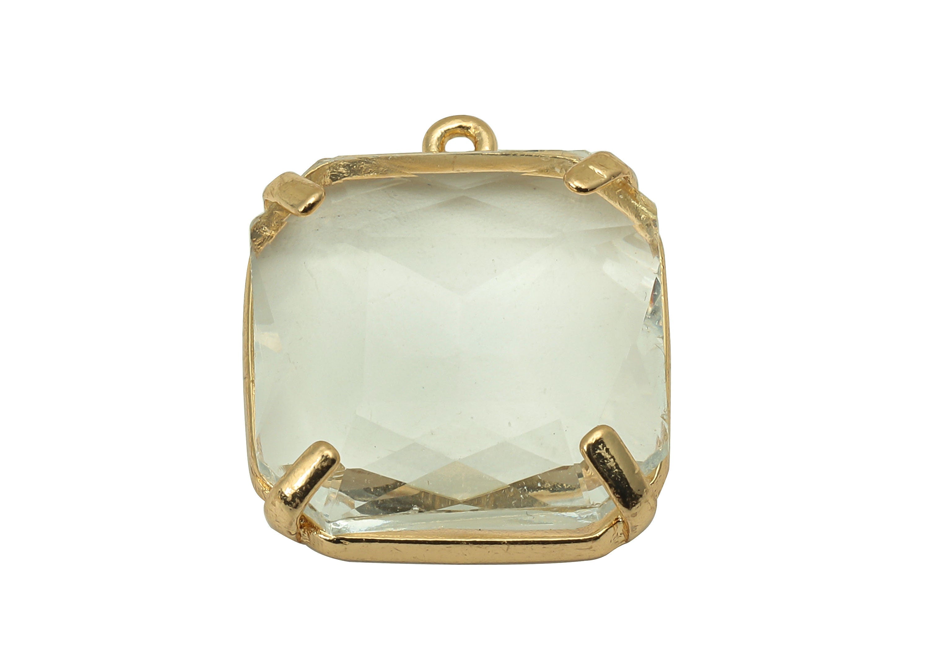 Brass Frame Transparent Square Pendant - Square Earring Charm - Faceted Clear Glass - Gold Tone Plating - 22.4x18.5x5.8mm - GS1152A - DOMEDBAZAAR
