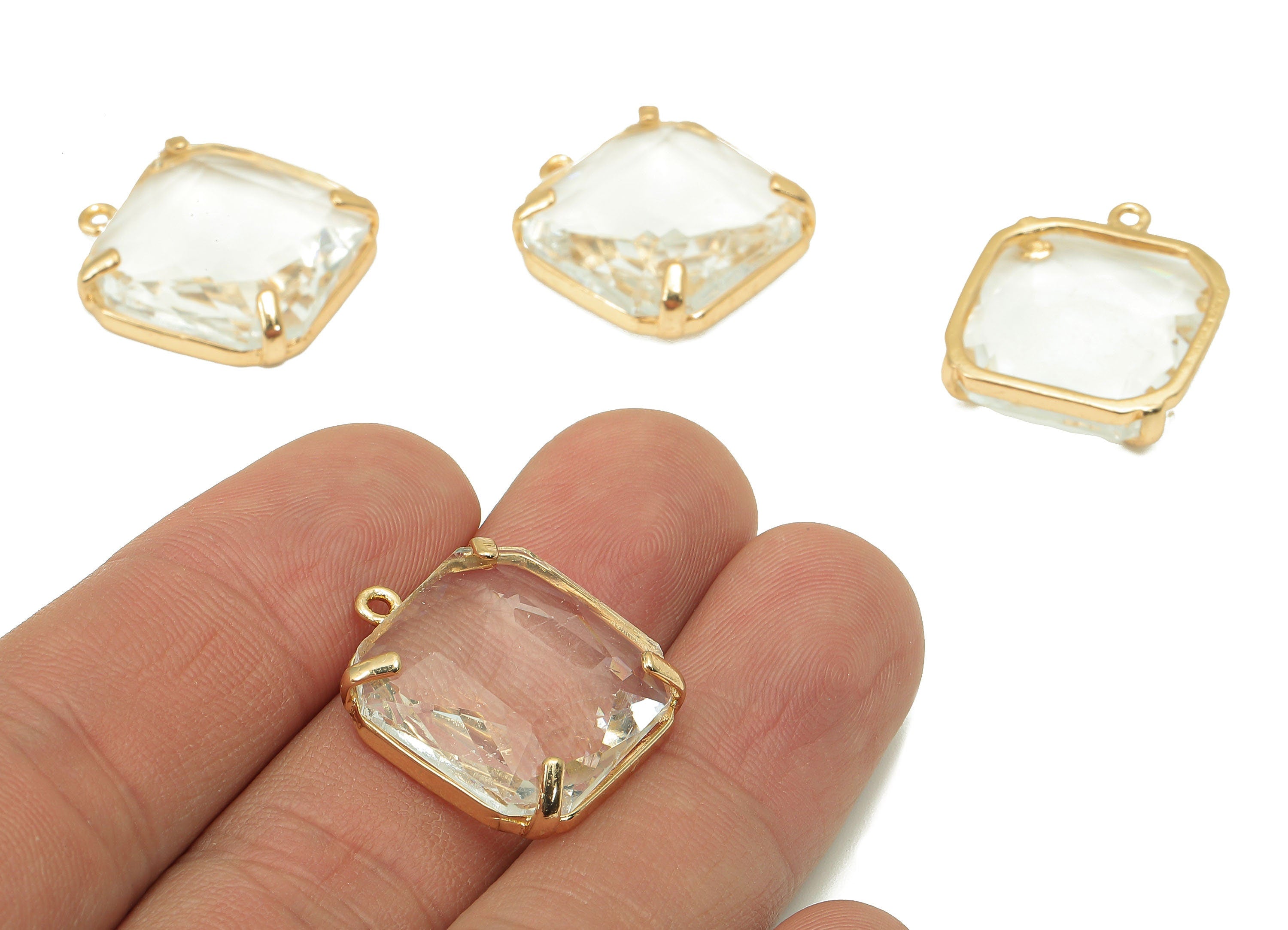 Brass Frame Transparent Square Pendant - Square Earring Charm - Faceted Clear Glass - Gold Tone Plating - 22.4x18.5x5.8mm - GS1152A - DOMEDBAZAAR