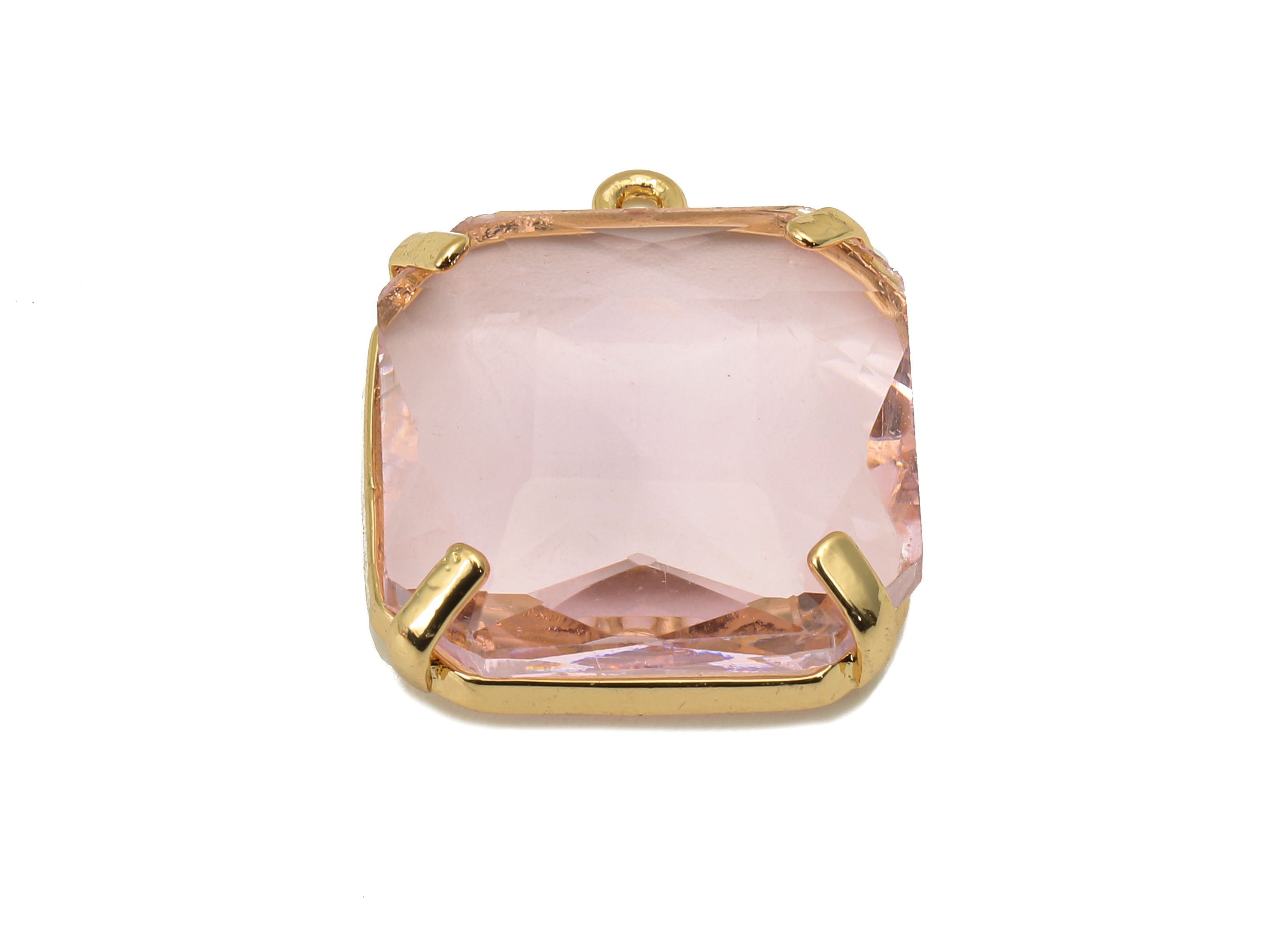 Brass Frame Pink Square Pendant - Square Earring Charm - Faceted Clear Pink Glass - Gold Tone Plating - 22.4x18.5x5.8mm - GS1152B - DOMEDBAZAAR
