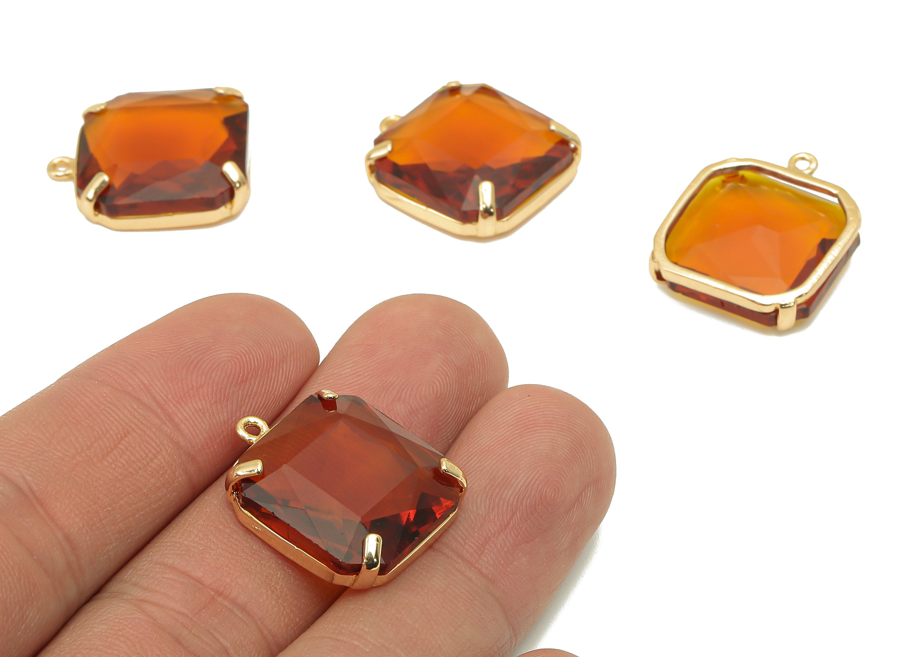 Brass Frame Red Square Pendant - Square Earring Charm - Faceted Clear Red Glass - Gold Tone Plating - 22.4x18.5x5.8mm - GS1152D - DOMEDBAZAAR