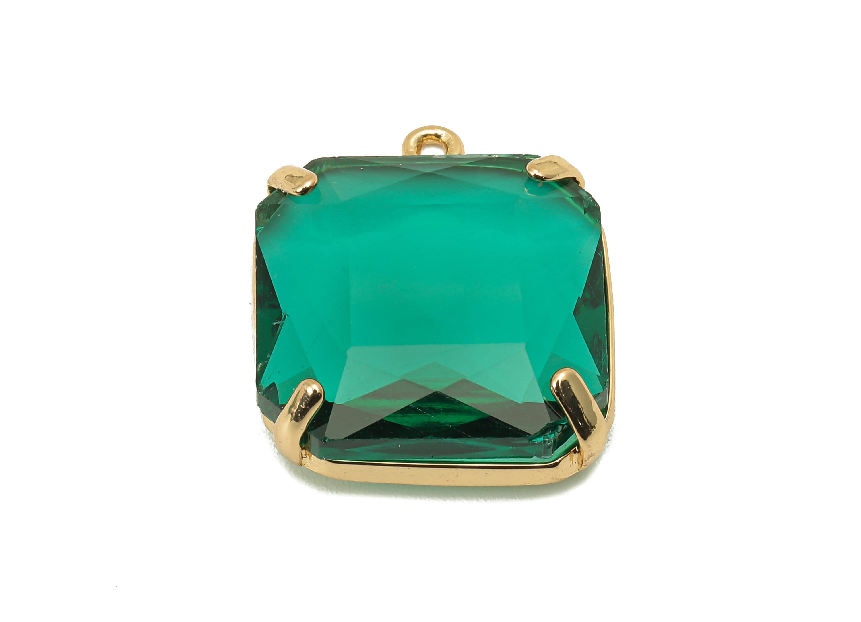 Brass Frame Green Square Pendant - Square Earring Charm - Faceted Clear Green Glass - Gold Tone Plating - 22.4x18.5x5.8mm - GS1152E - DOMEDBAZAAR