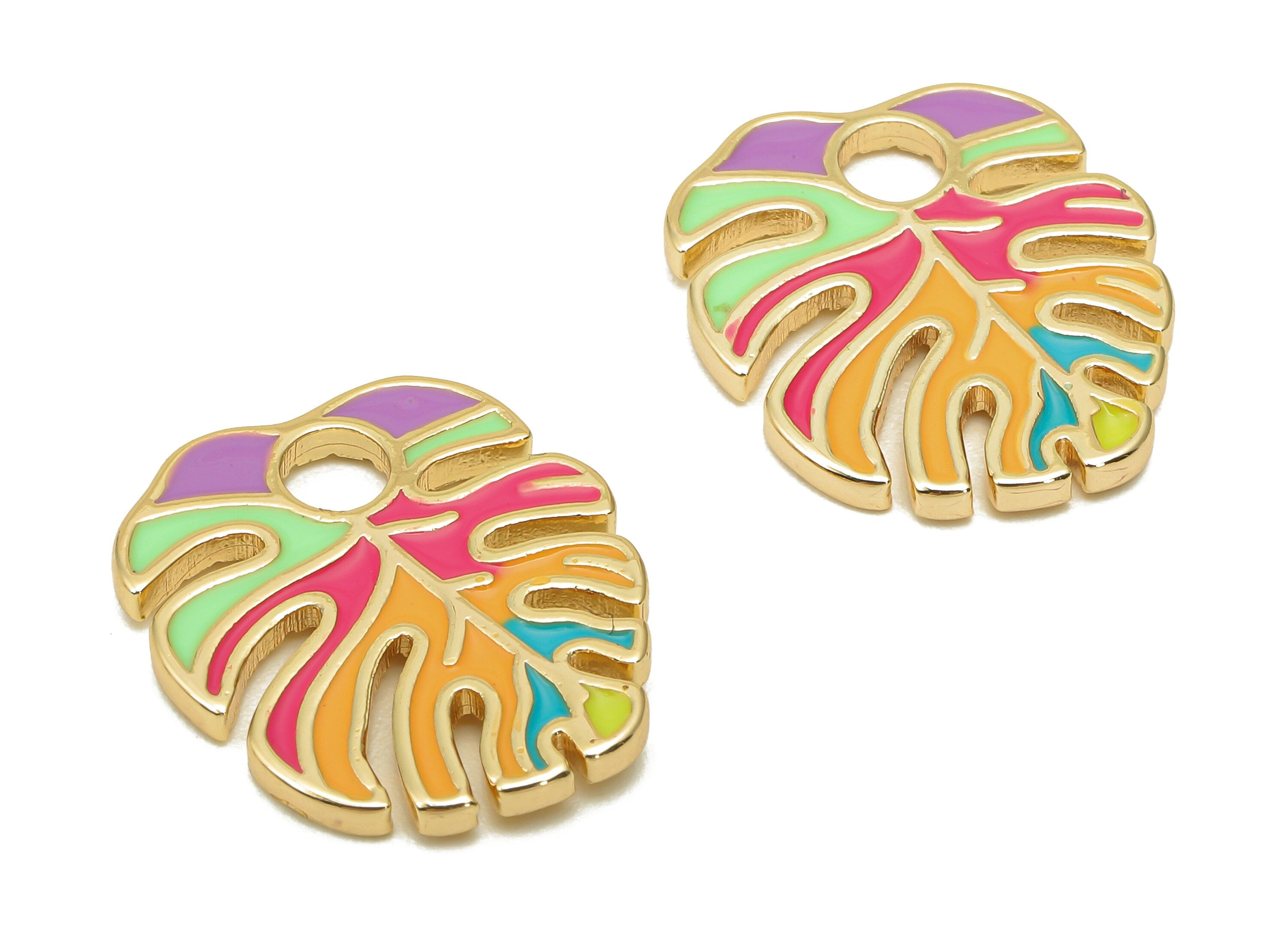 Brass Monstera Leaf Charms - Colorful Enamel Dot Leaves Earring - Spot Botanical Pendant - 18K Real Gold Plating - 18.6x15.9x1.6mm -RGP5648A - DOMEDBAZAAR