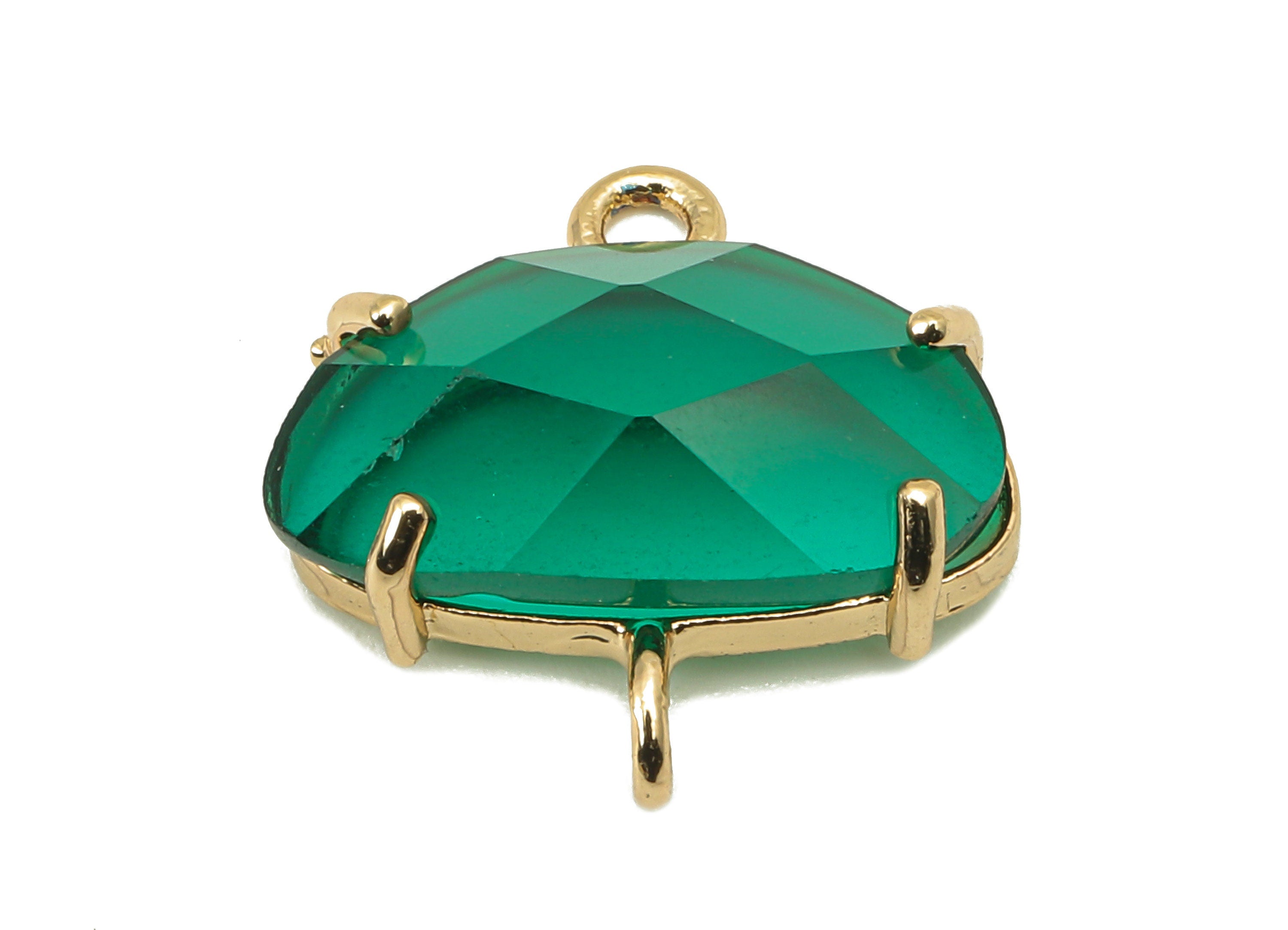 Brass Frame Oval Glass Earring Connector - Clear Green Pendant With 2 Loops - Gold Tone Plating - Faceted Glass - 18.8x17.6x6.4mm - GS1153 - DOMEDBAZAAR