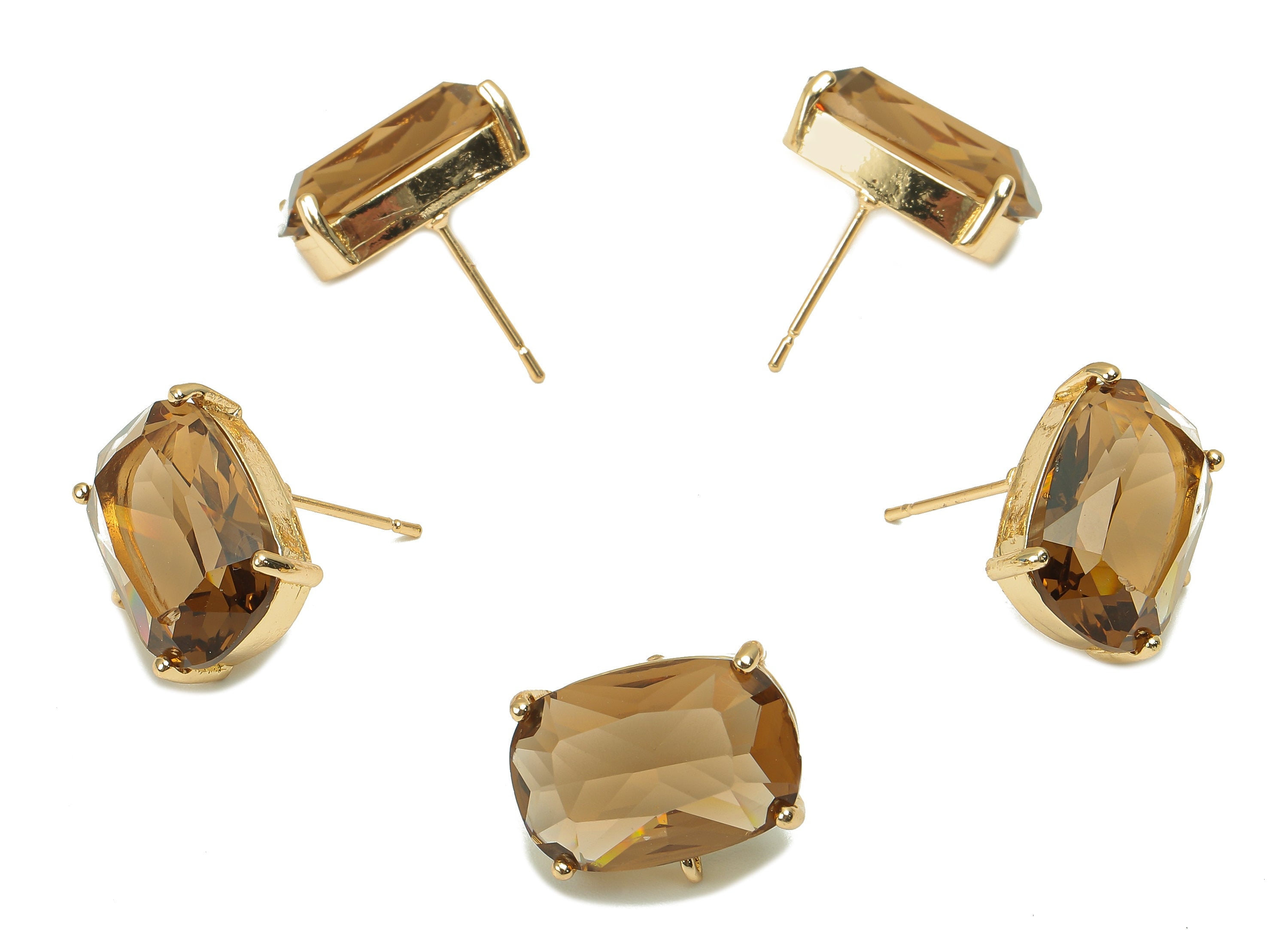 Brass Frame Rectangle Stud Earring - Faceted Clear Brown Glass With Loop - Stainless Steel - Gold Tone Plating - 15.9x13.7x6.5mm - GS1154B - DOMEDBAZAAR
