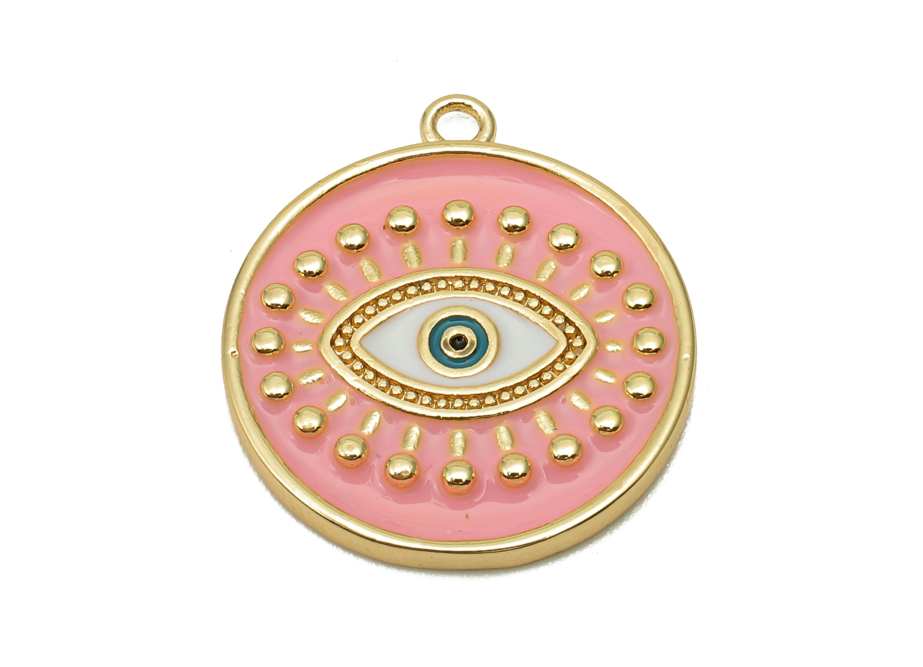 Brass Round Eyelash Pendant - Zircon Eye Pink Enamel Earring - Circle Dot Charm With Loop - 18K Real Gold Plating - 22.6x20.1x2.3mm-RGP5649C - DOMEDBAZAAR