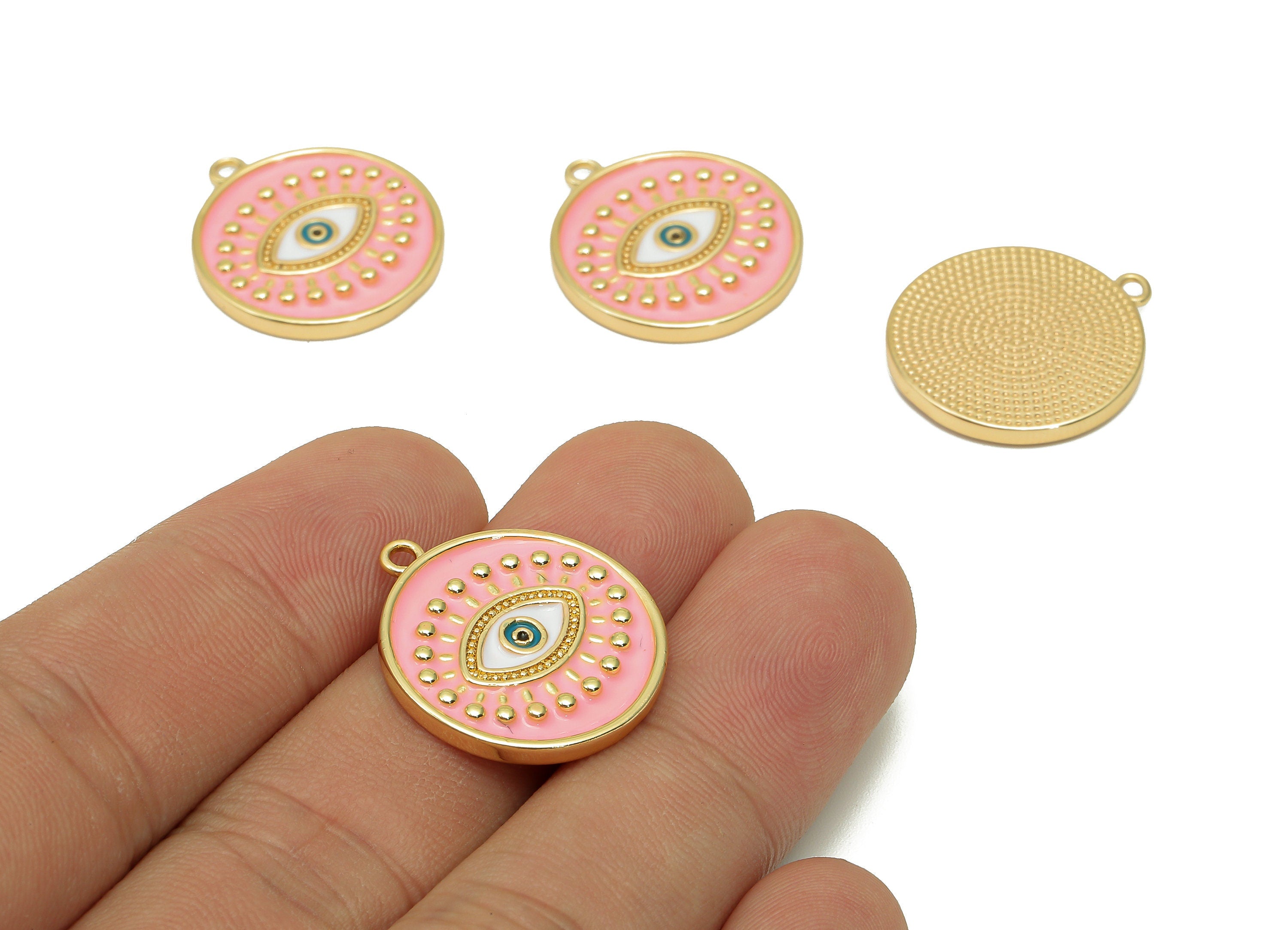 Brass Round Eyelash Pendant - Zircon Eye Pink Enamel Earring - Circle Dot Charm With Loop - 18K Real Gold Plating - 22.6x20.1x2.3mm-RGP5649C - DOMEDBAZAAR