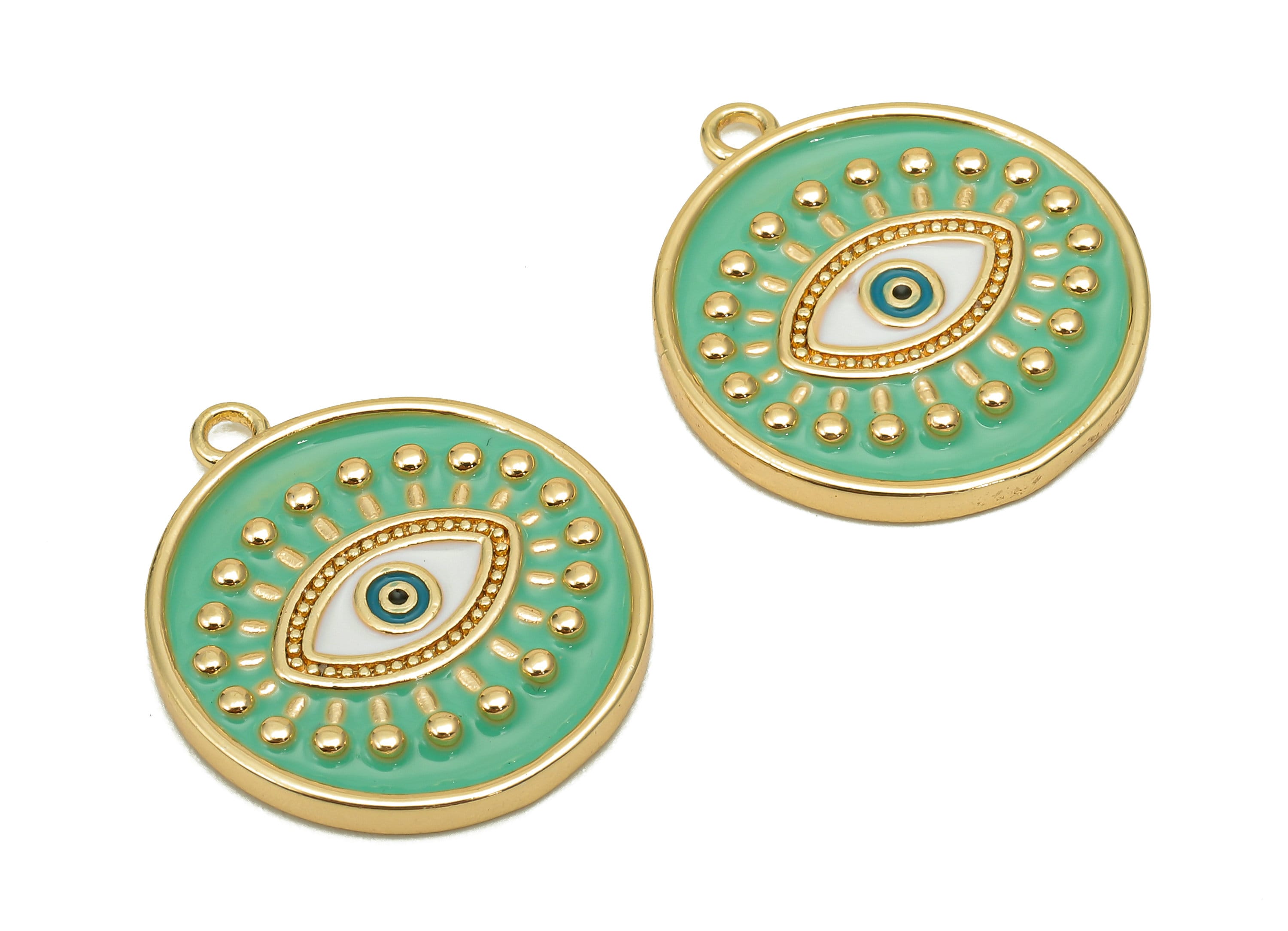 Brass Round Eyelash Pendant - Zircon Eye Light Green Enamel Earring - Dot Charm With Loop - 18K Real Gold Plating - 22.6x20.1x2.3mm-RGP5649B - DOMEDBAZAAR