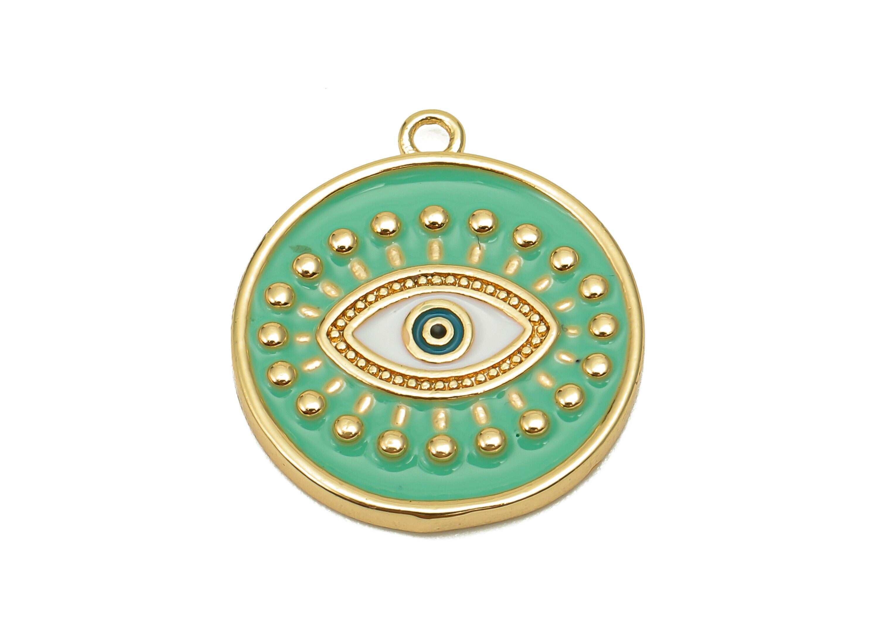 Brass Round Eyelash Pendant - Zircon Eye Light Green Enamel Earring - Dot Charm With Loop - 18K Real Gold Plating - 22.6x20.1x2.3mm-RGP5649B - DOMEDBAZAAR