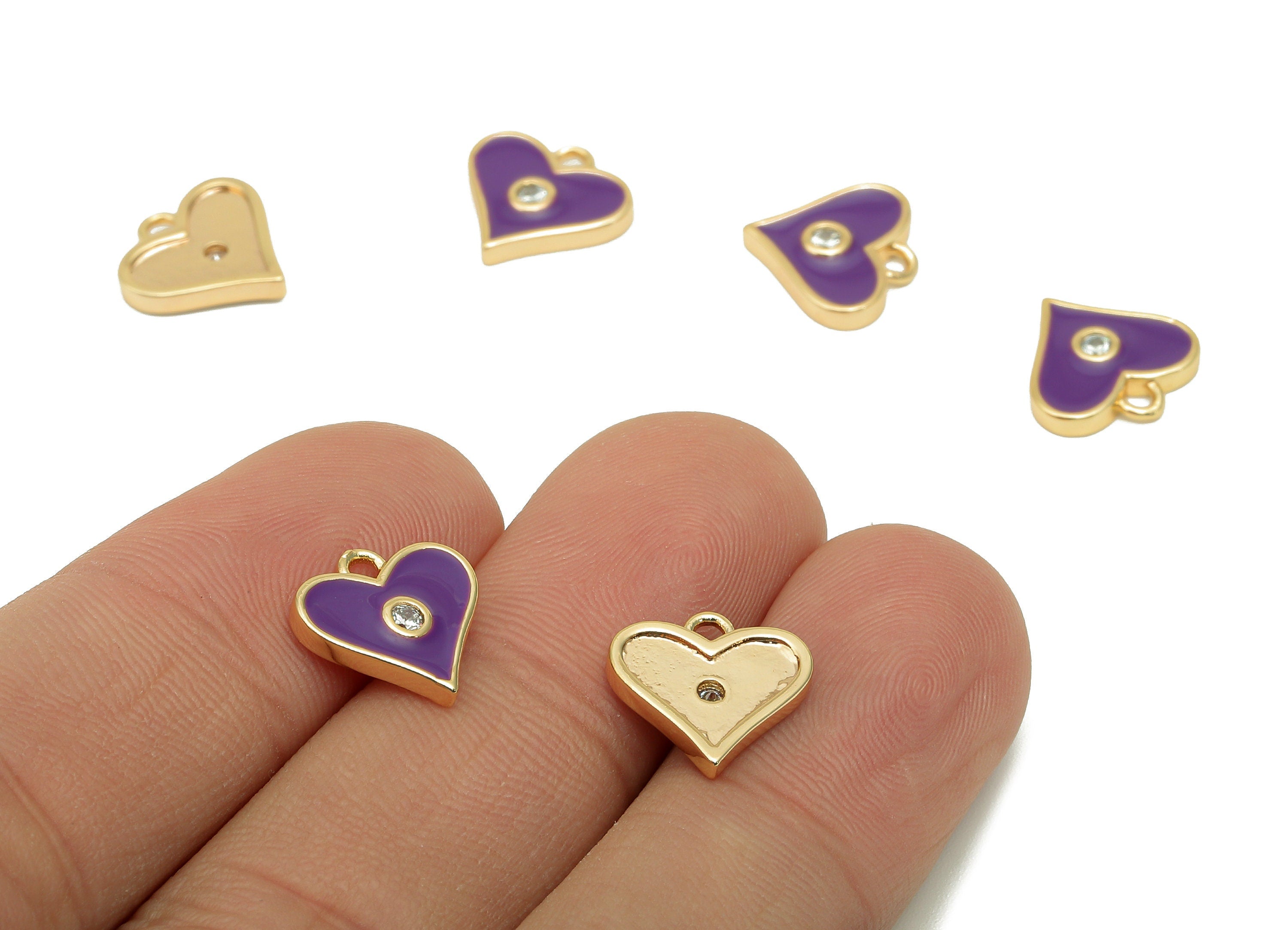 Brass Purple Mini Heart Earring Charm - Zircon Dot Enamel Heart Earring - Pendant With Loop - 18K Real Gold Plating - 11.4x11.8x2mm-RGP5650B - DOMEDBAZAAR