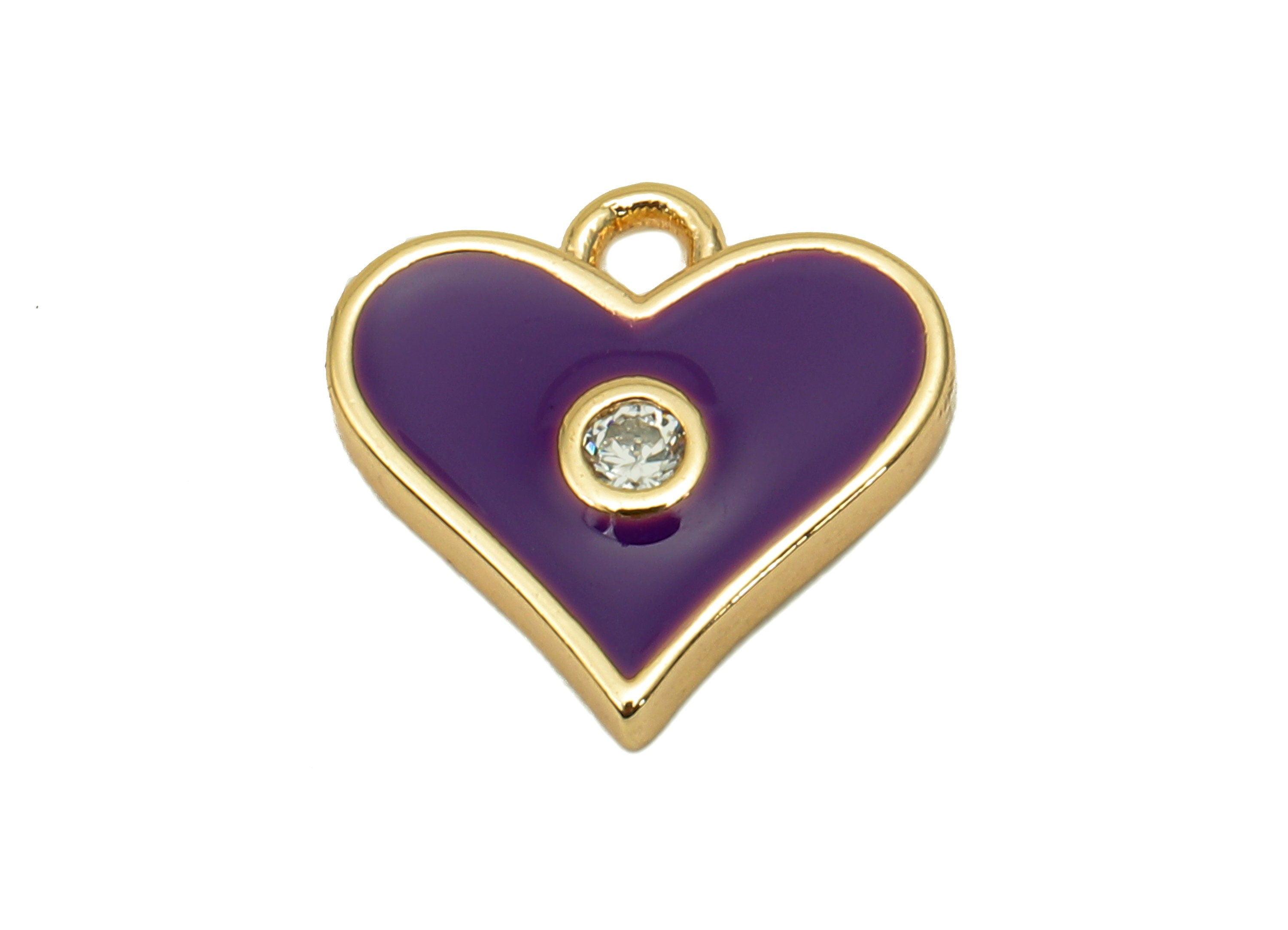 Brass Purple Mini Heart Earring Charm - Zircon Dot Enamel Heart Earring - Pendant With Loop - 18K Real Gold Plating - 11.4x11.8x2mm-RGP5650B - DOMEDBAZAAR