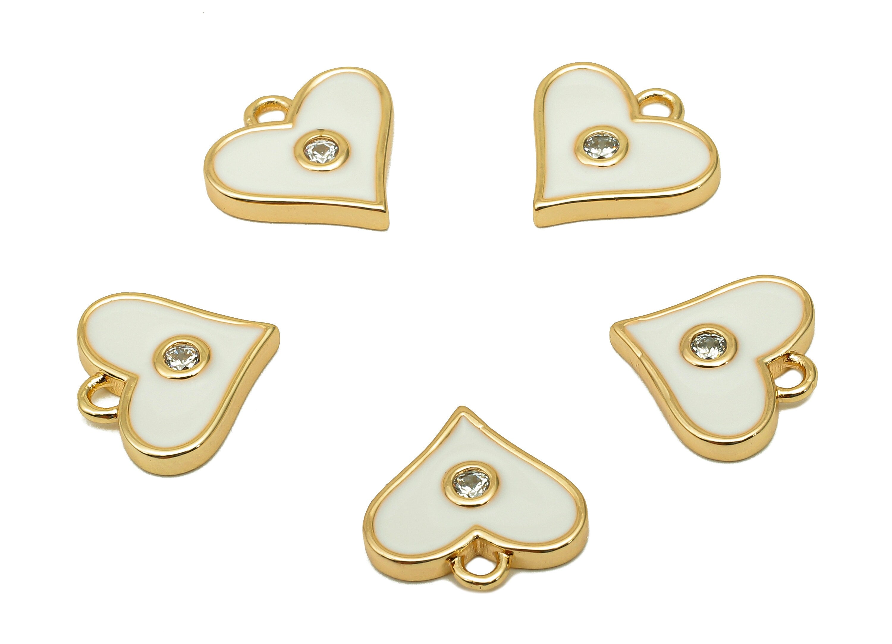 Brass White Mini Heart Earring Charm - Zircon Dots Enamel Heart Earring - Pendant With Loop - 18K Real Gold Plating - 11.4x11.8x2mm-RGP5650C - DOMEDBAZAAR