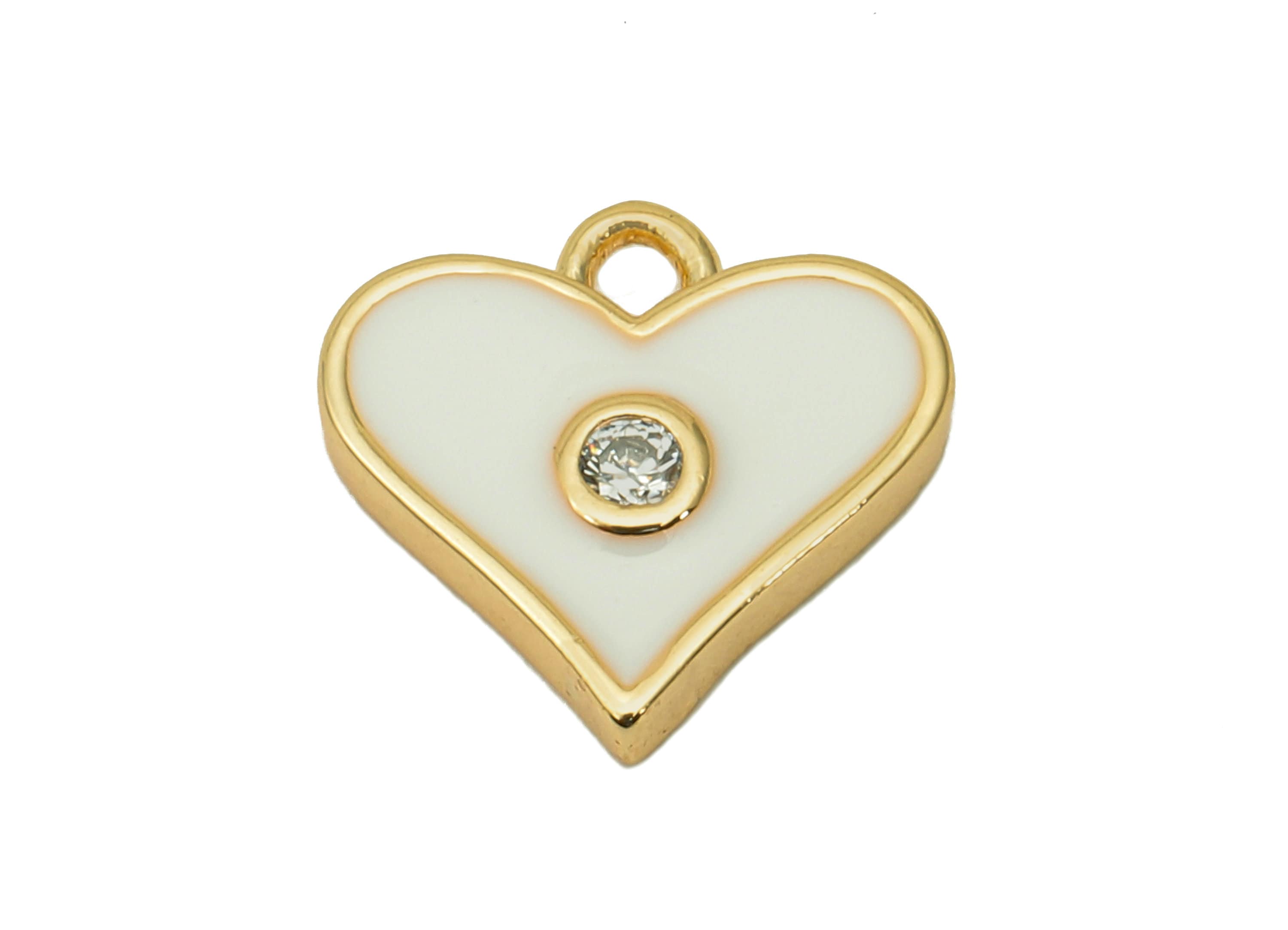 Brass White Mini Heart Earring Charm - Zircon Dots Enamel Heart Earring - Pendant With Loop - 18K Real Gold Plating - 11.4x11.8x2mm-RGP5650C - DOMEDBAZAAR