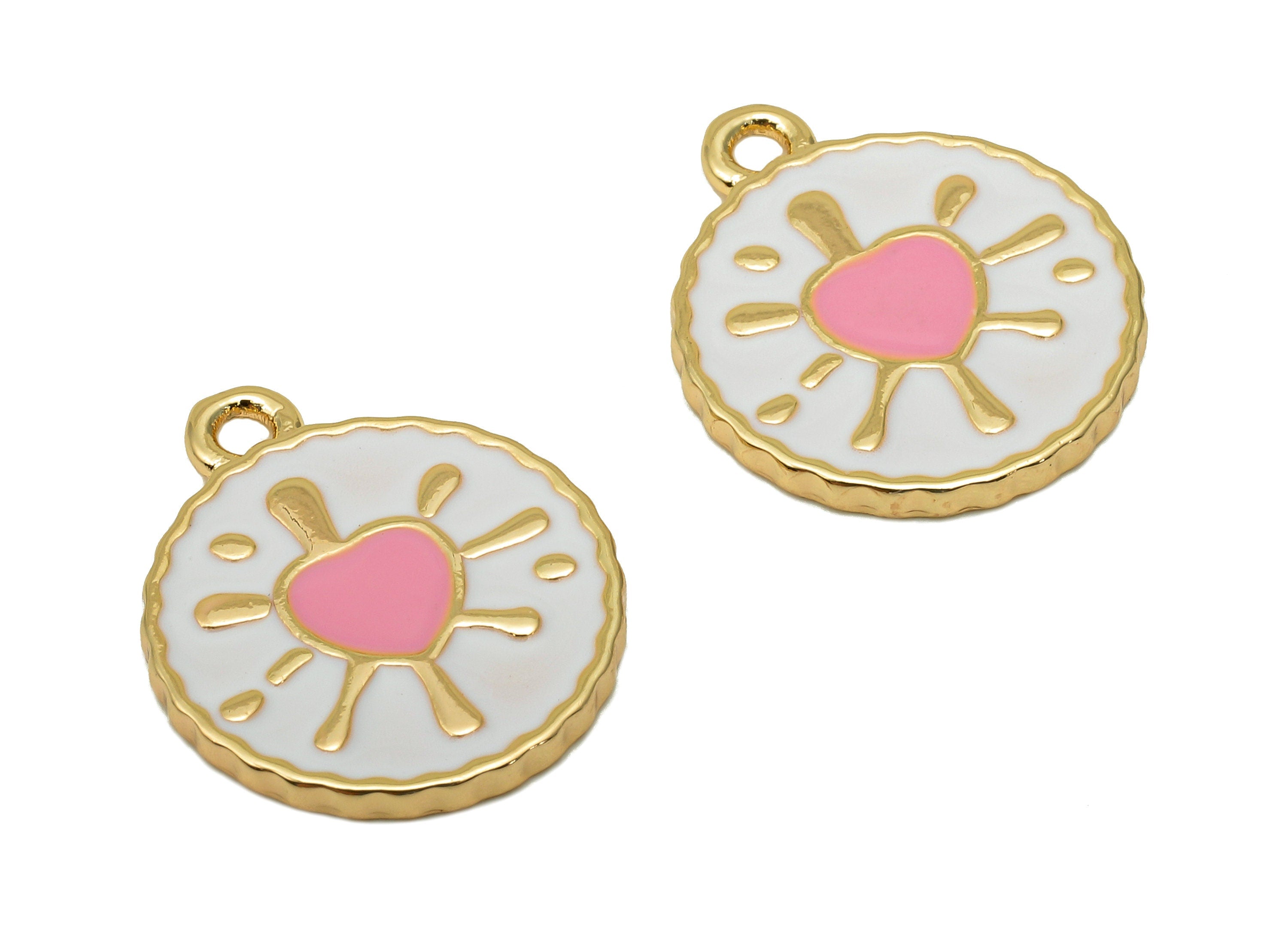 Brass Round Splash Heart Earring - Enamel White & Pink Dot Charm - Spot Pendant With Loop - 18K Real Gold Plating - 18.7x15.9x1.6mm-RGP5651A - DOMEDBAZAAR