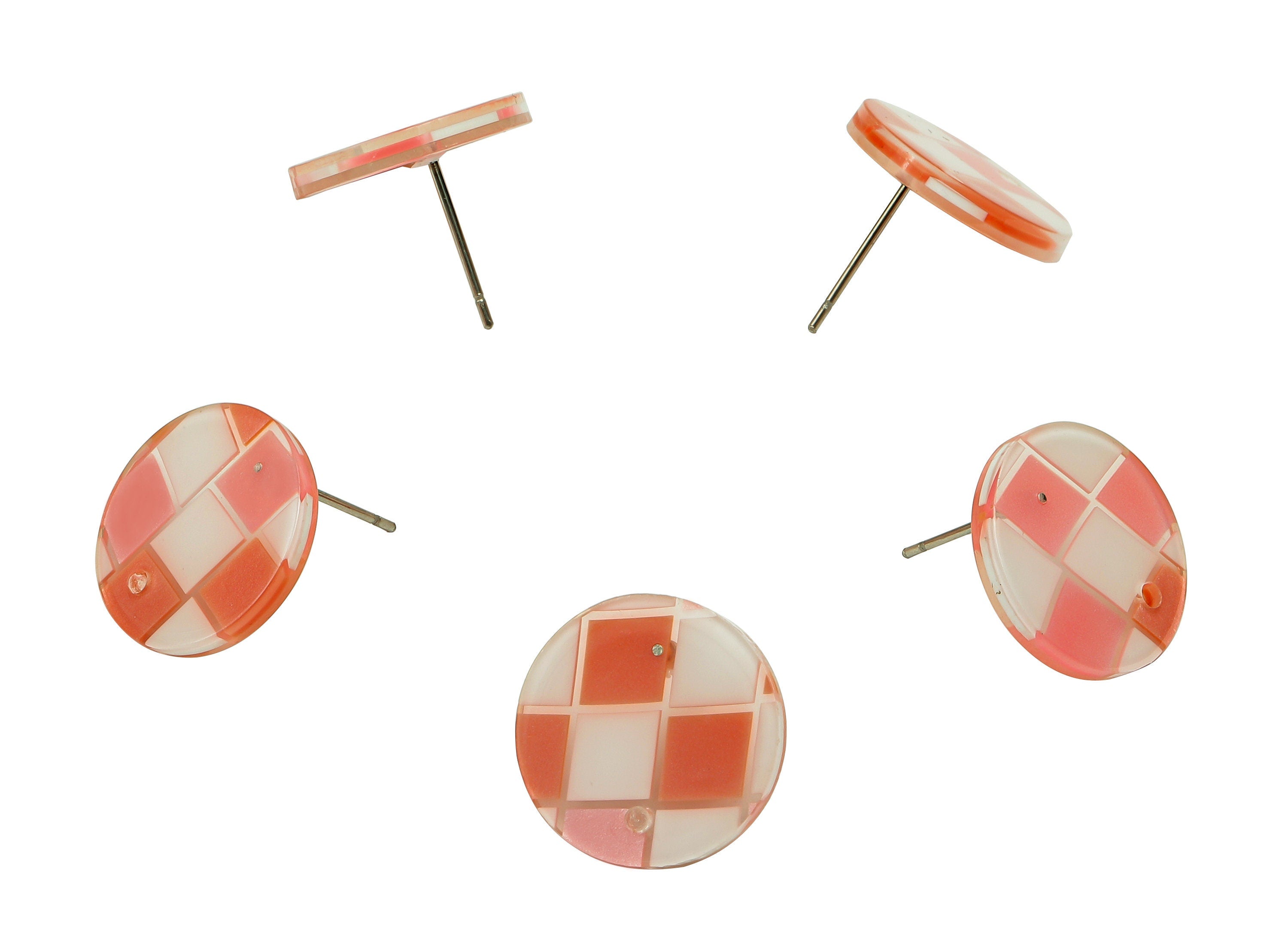PVC Round Earring Post - Pink & White Checkered Stud Earring With Hole - 316 Stainless Steel - Color Code: A856 - 16x15.9x2.2mm -AC2530-A856 - DOMEDBAZAAR