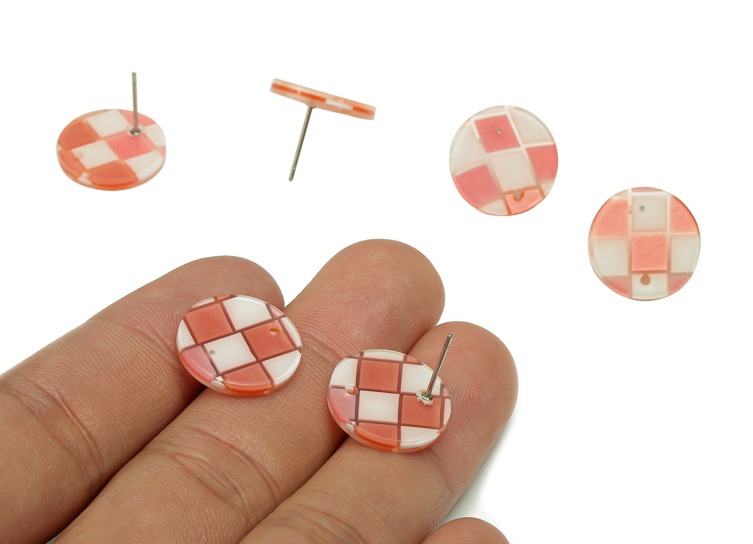 PVC Round Earring Post - Pink & White Checkered Stud Earring With Hole - 316 Stainless Steel - Color Code: A856 - 16x15.9x2.2mm -AC2530-A856 - DOMEDBAZAAR