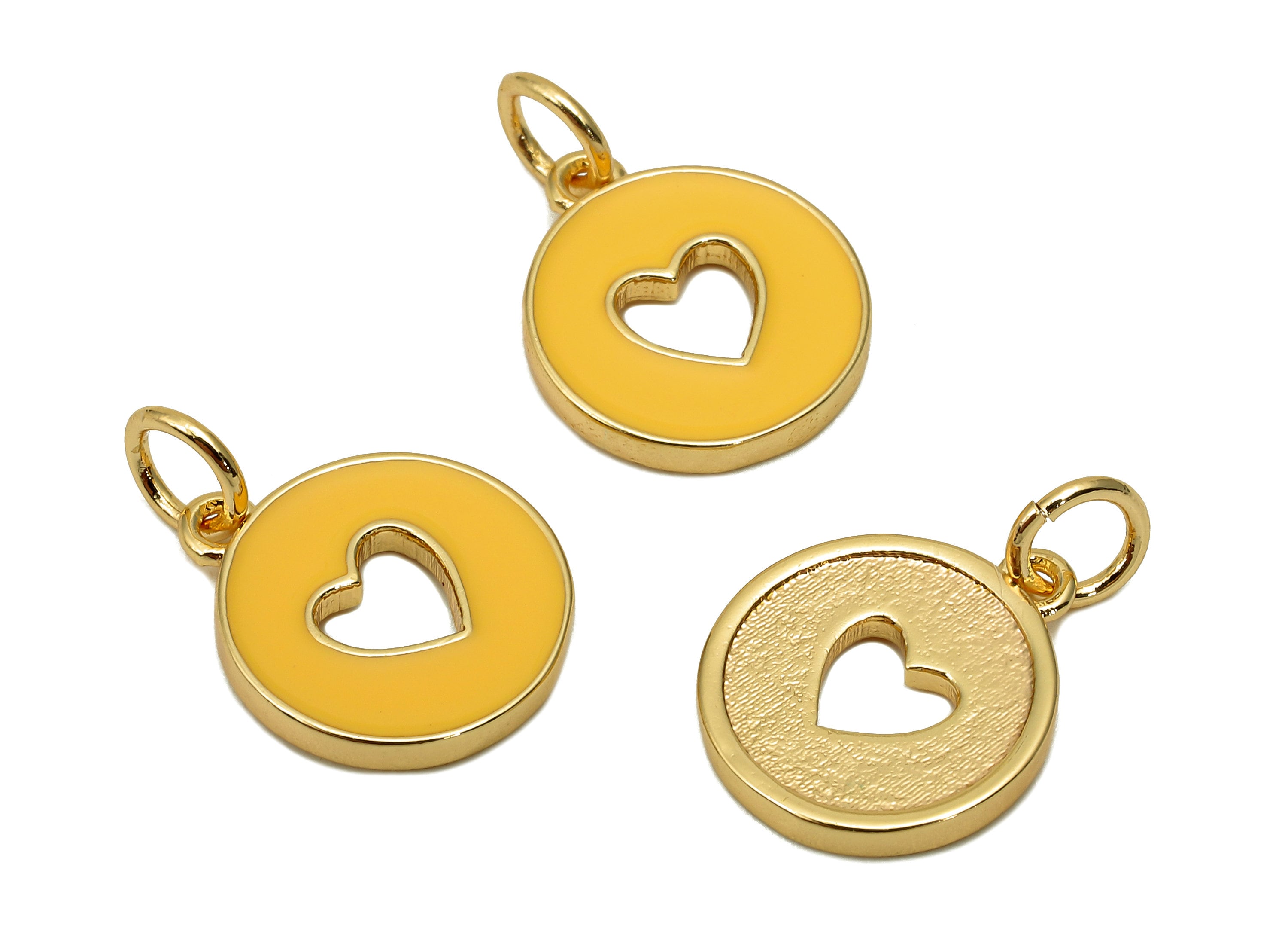 Brass Round Heart Hollow Earring - Enamel Orange Mini Circle Charm - Pendant With Loop - 18K Real Gold Plating - 17.4x11.9x1.6mm - RGP5652A - DOMEDBAZAAR