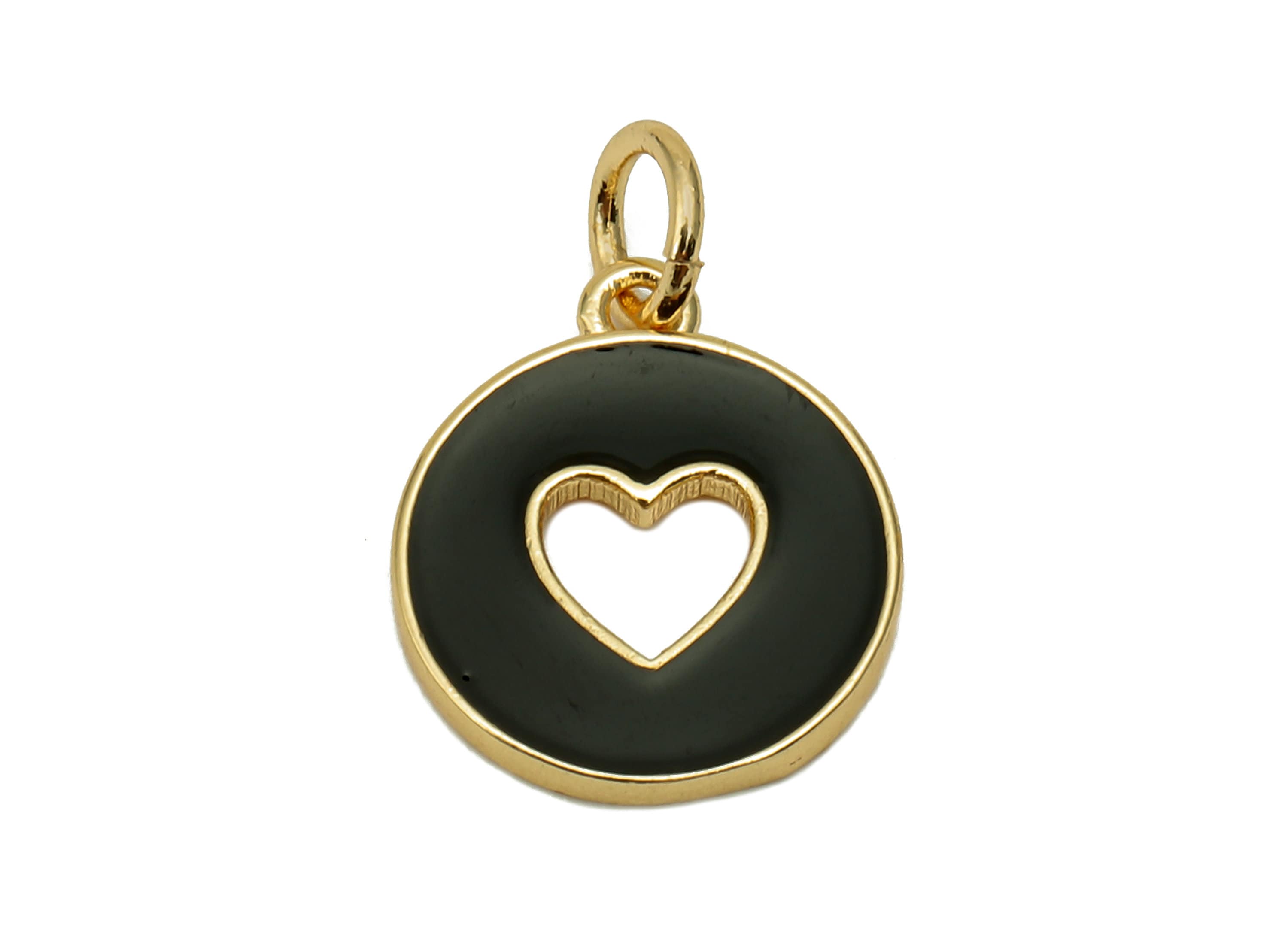 Brass Round Heart Hollow Earring - Enamel Black Mini Circle Charm - Pendant With Loop - 18K Real Gold Plating - 17.4x11.9x1.6mm - RGP5652G - DOMEDBAZAAR