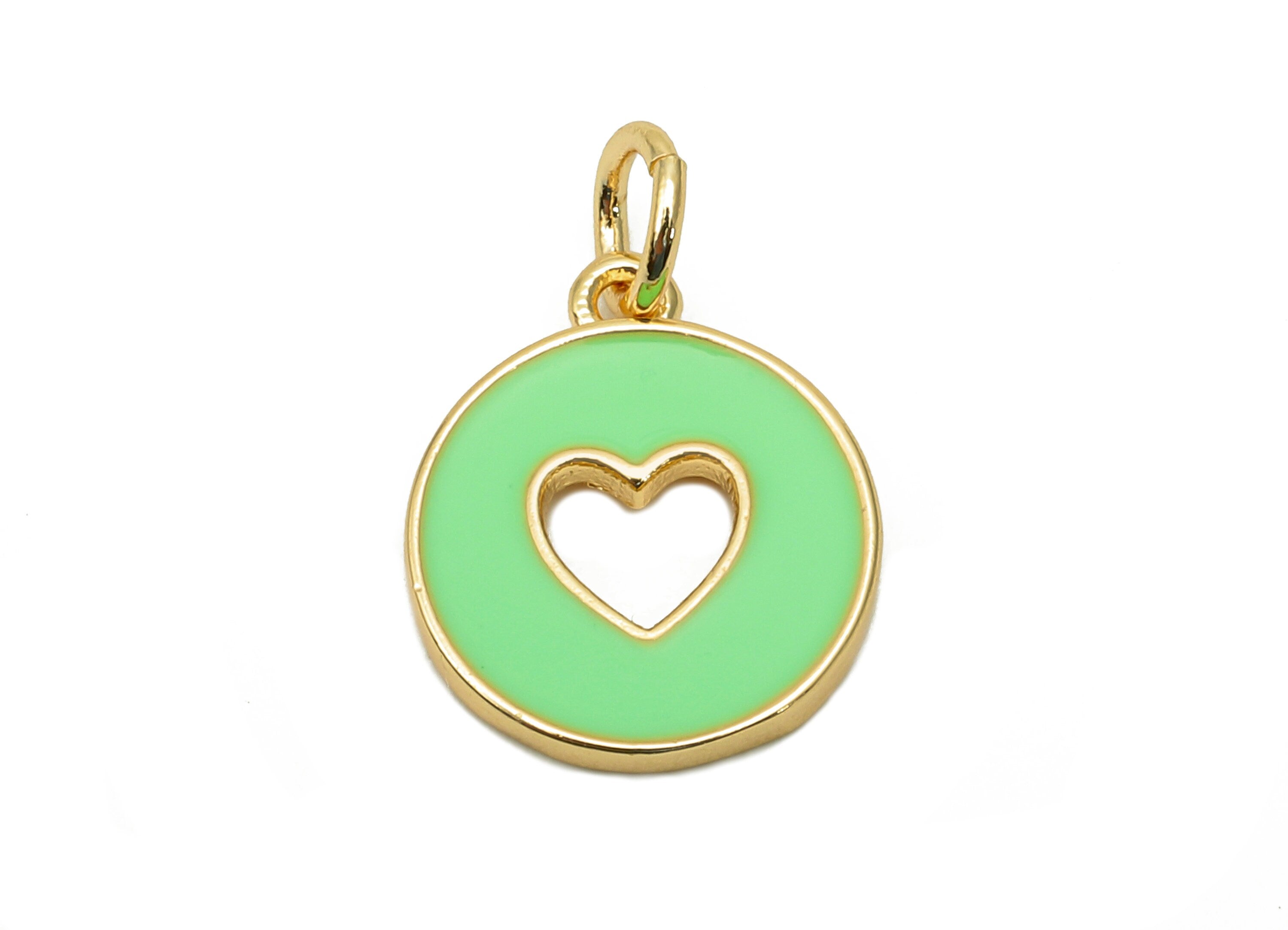 Brass Round Heart Hollow Earring - Enamel Light Green Circle Charm - Pendant With Loop - 18K Real Gold Plating - 17.4x11.9x1.6mm - RGP5652F - DOMEDBAZAAR
