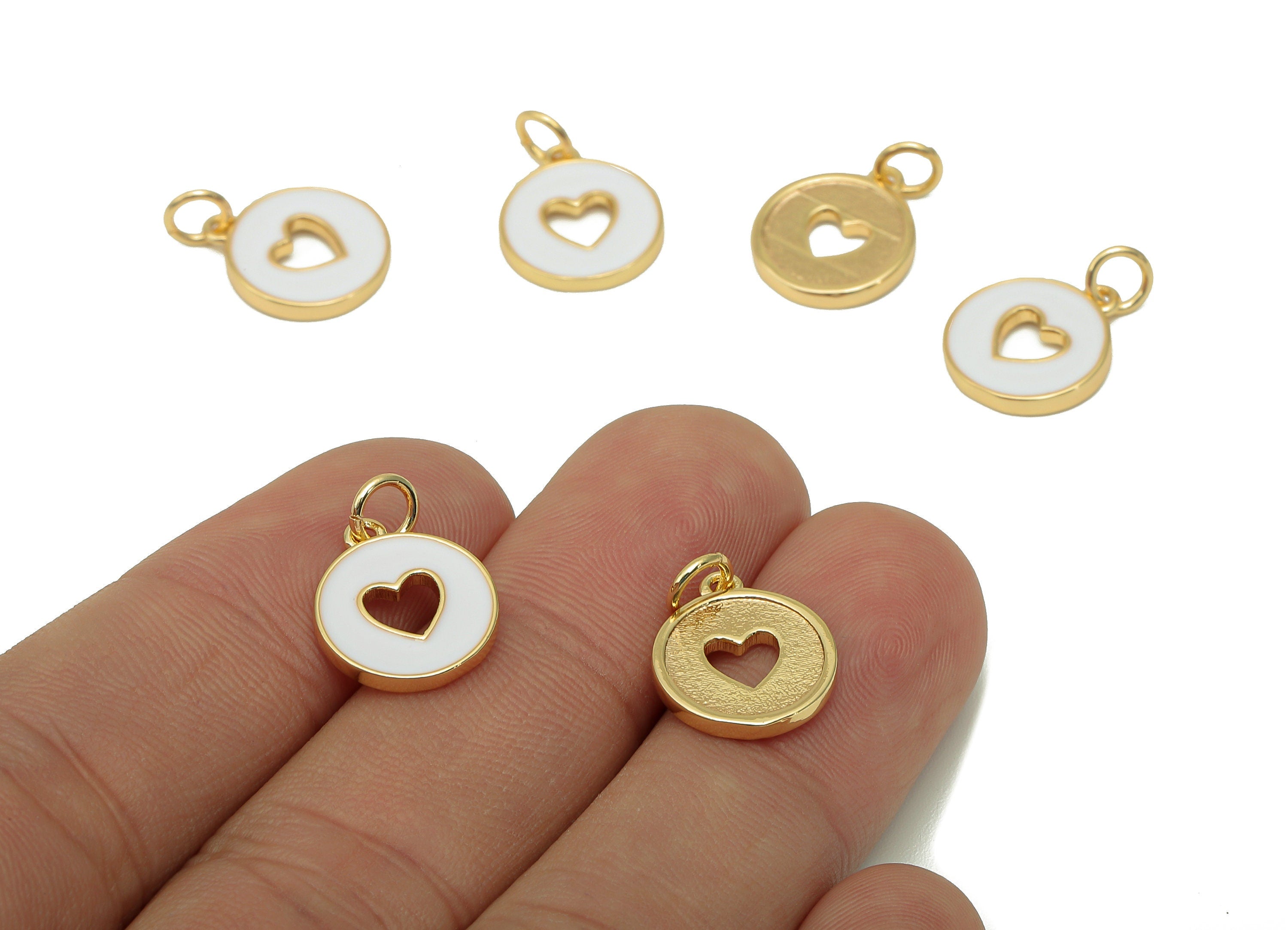 Brass Round Heart Hollow Earring - Enamel White Mini Circle Charm - Pendant With Loop - 18K Real Gold Plating - 17.4x11.9x1.6mm - RGP5652C - DOMEDBAZAAR