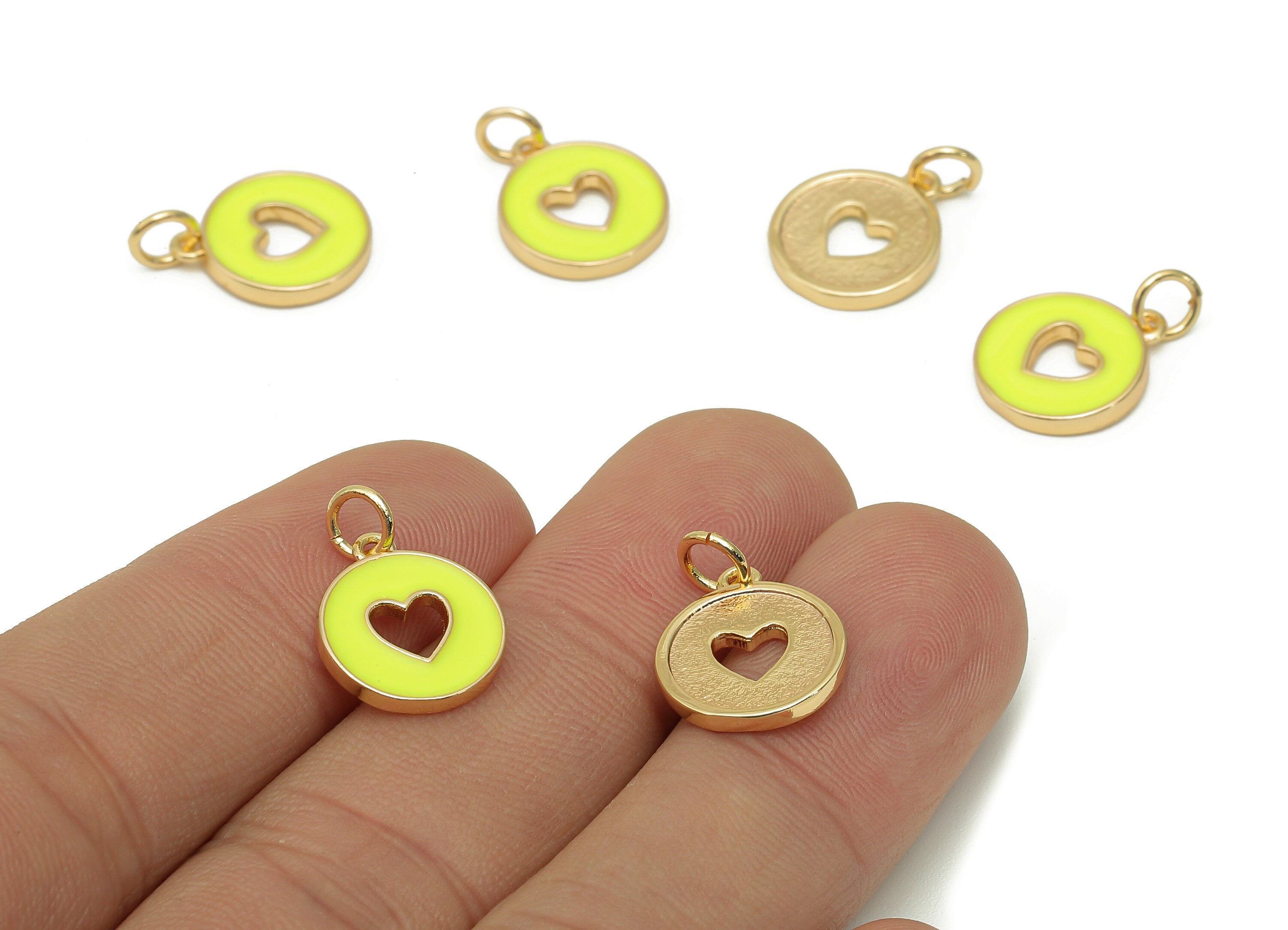 Brass Round Heart Hollow Earring - Enamel Yellow Mini Circle Charm - Pendant With Loop - 18K Real Gold Plating - 17.4x11.9x1.6mm - RGP5652H - DOMEDBAZAAR