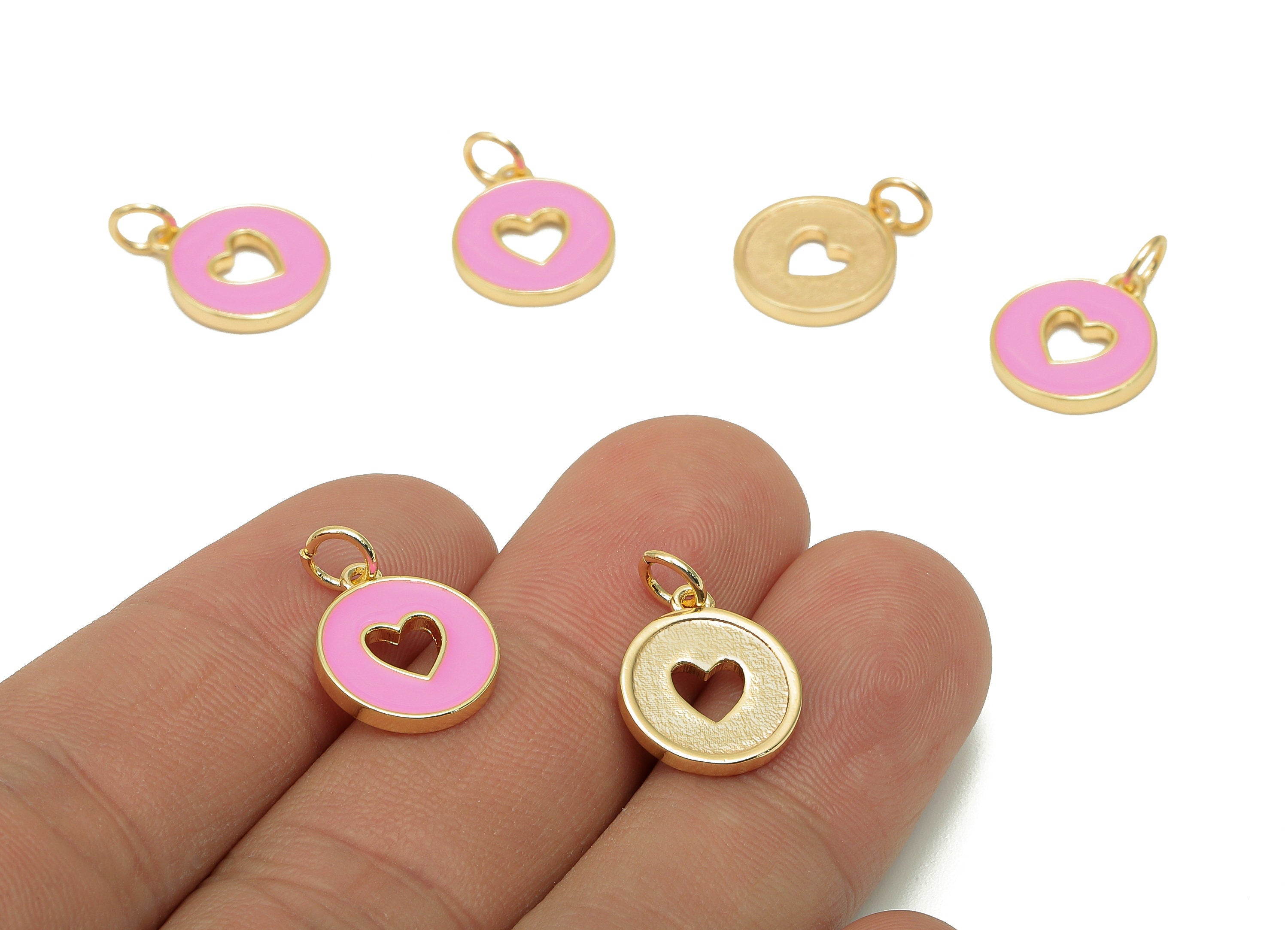 Brass Round Heart Hollow Earring - Enamel Light Pink Circle Charm - Pendant With Loop - 18K Real Gold Plating - 17.4x11.9x1.6mm - RGP5652J - DOMEDBAZAAR