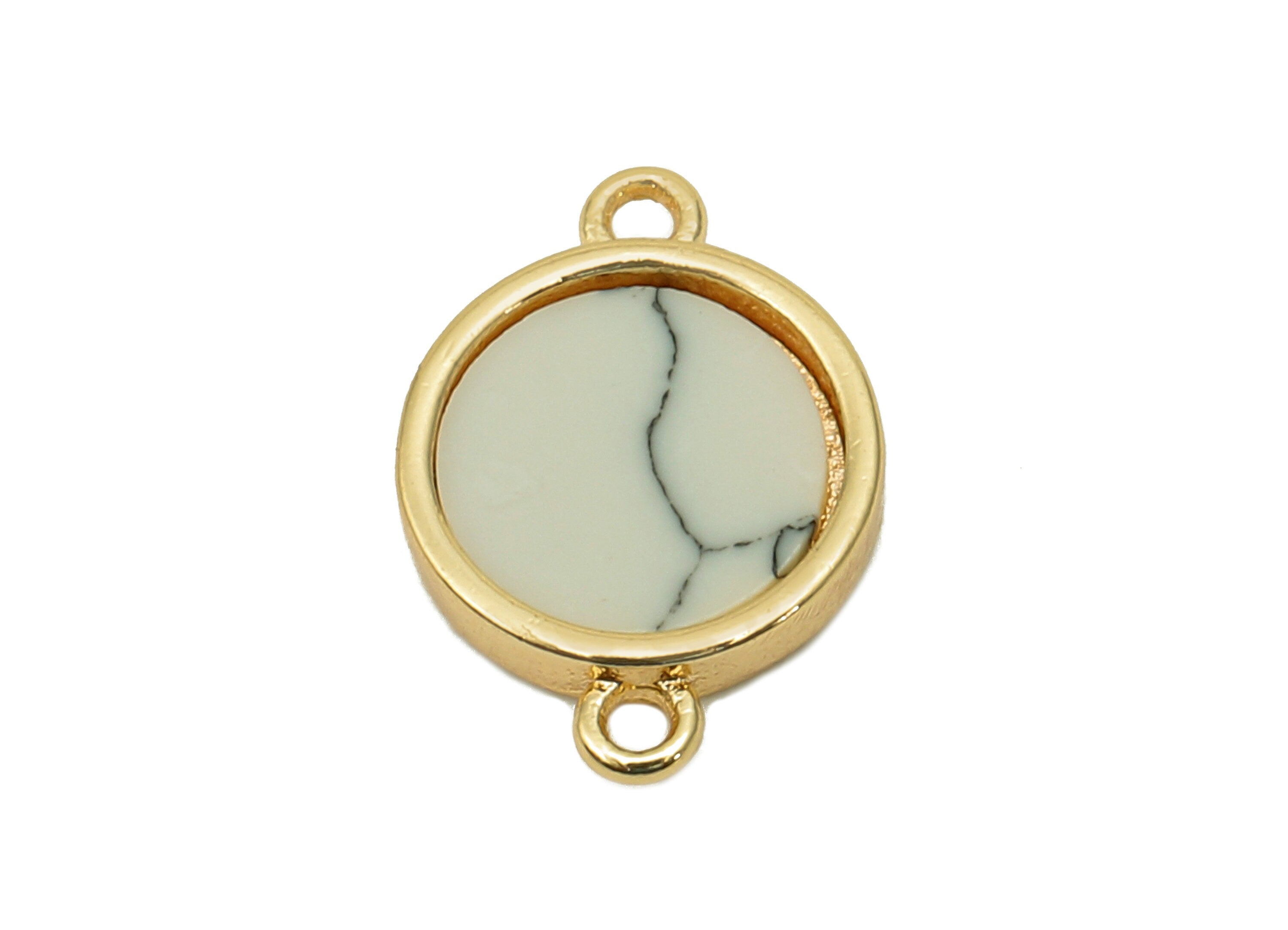 Brass Mini Round Bracelet Connector - Synthetic Stone White Dot Earring - Pendant With 2 Loops - 18K Real Gold Plating - 13x9.3x2mm-RGP5653A - DOMEDBAZAAR