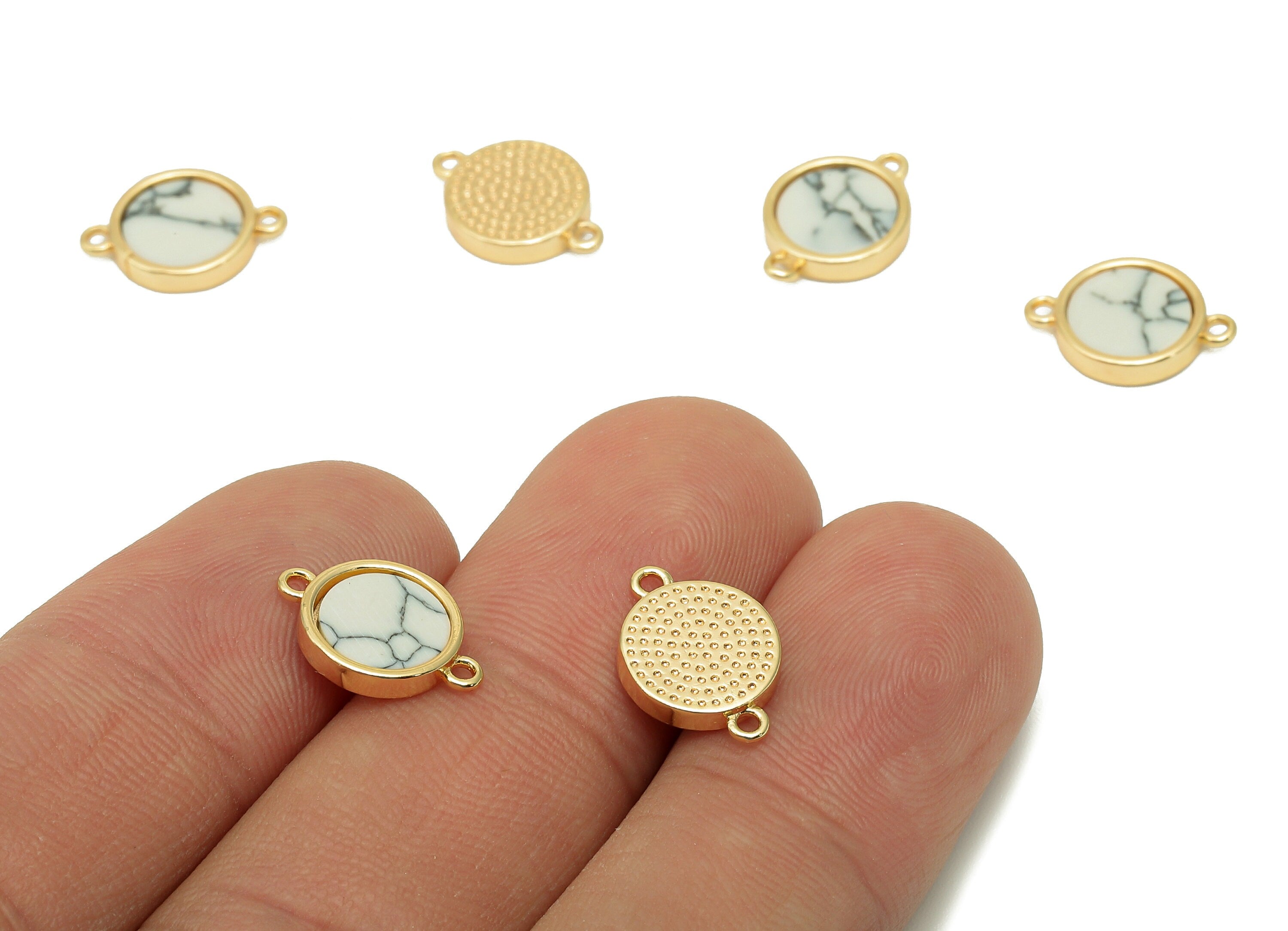 Brass Mini Round Bracelet Connector - Synthetic Stone White Dot Earring - Pendant With 2 Loops - 18K Real Gold Plating - 13x9.3x2mm-RGP5653A - DOMEDBAZAAR
