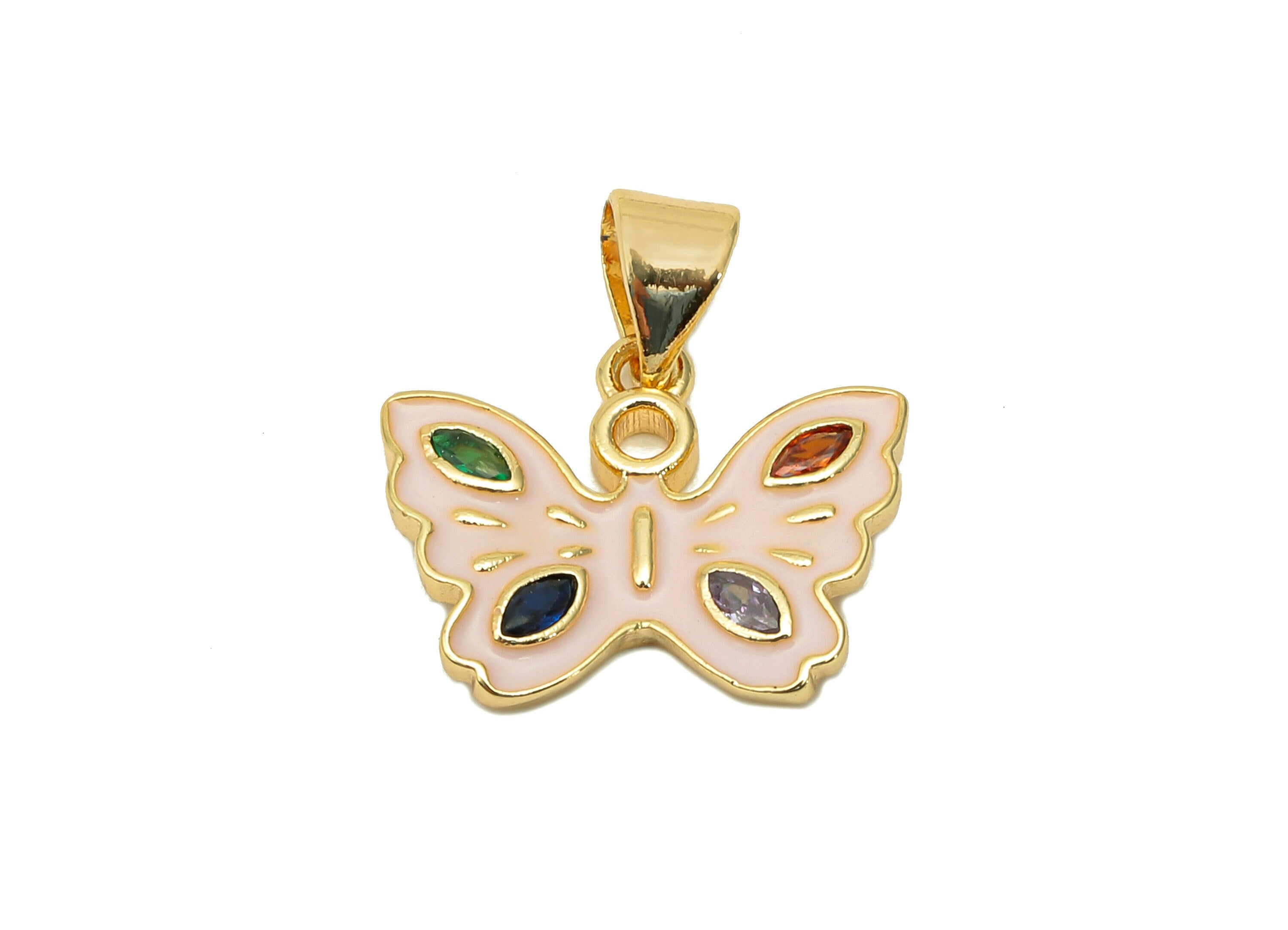 Brass Butterfly Zircon Pendant - Enamel Pink Butterfly Earring - Necklace Charm With Loop - 18K Real Gold Plating - 1.8x16.2x1.6mm - RGP5660 - DOMEDBAZAAR