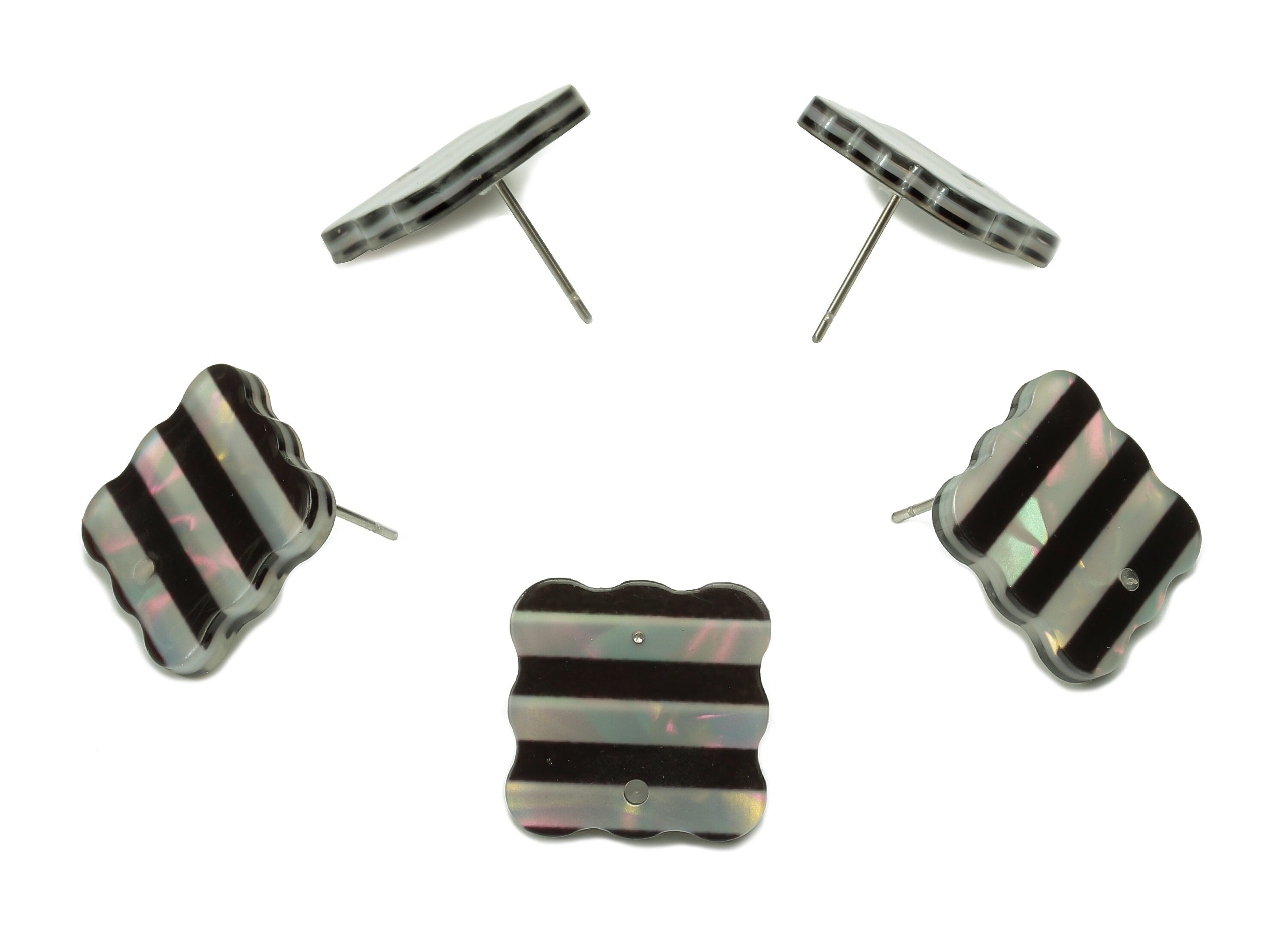 PVC Wave Square Earring Post - Black Stripe Stud Earring With Hole - 316 Stainless Steel - Color Code: A859 - 15.9x15.8x2.5mm - AC2535-A859 - DOMEDBAZAAR